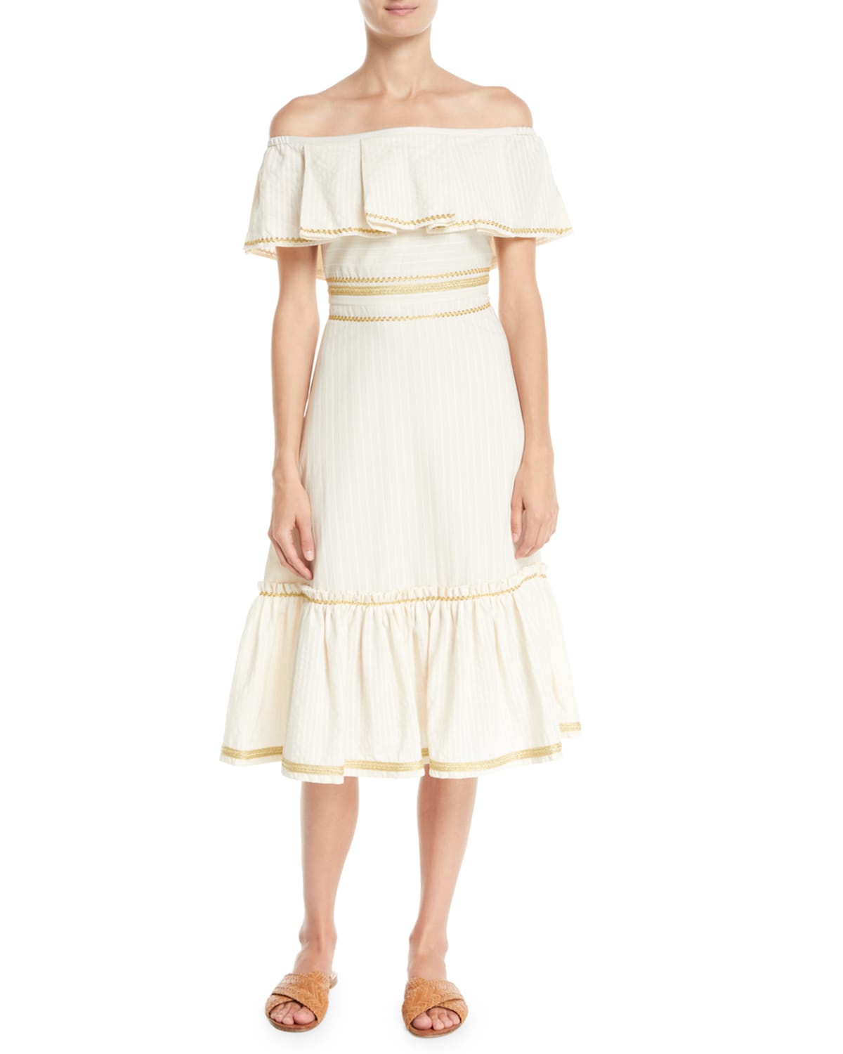 Zeus and Dione OfftheShoulder Embossed Striped Cotton Midi Dress