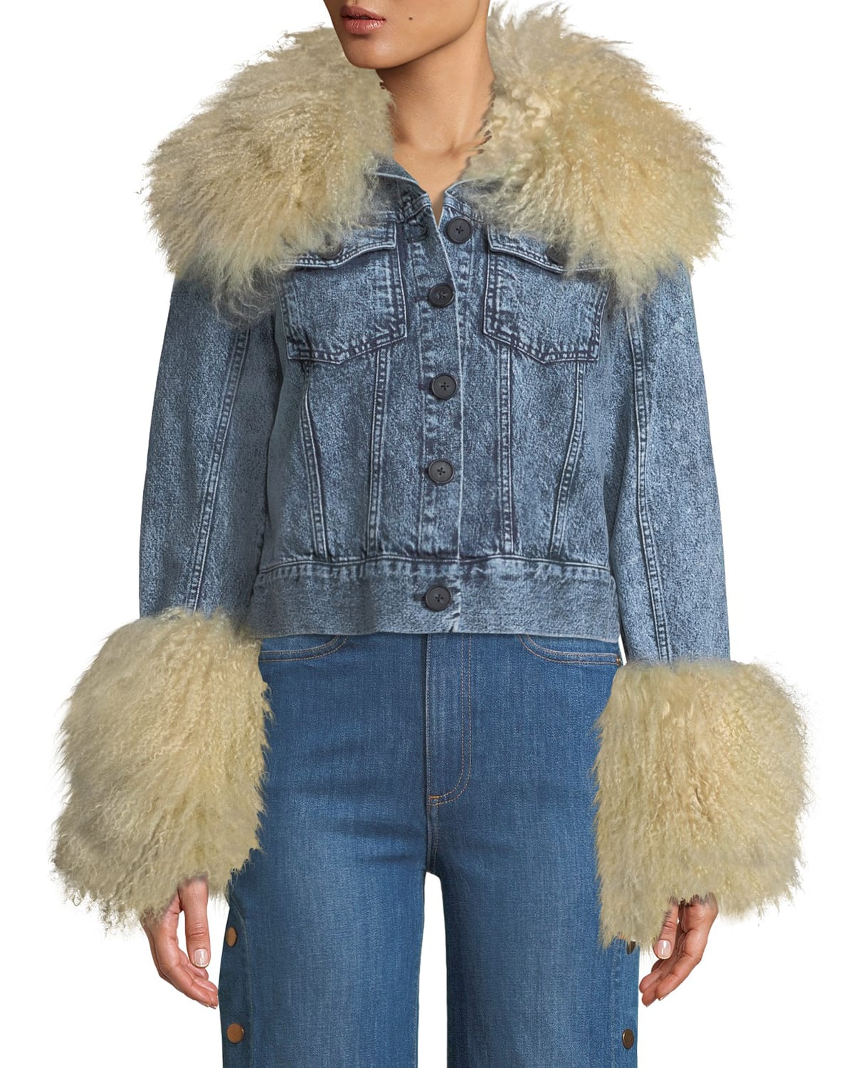 Jocelyn Button Down Denim Jacket w Lamb Fur