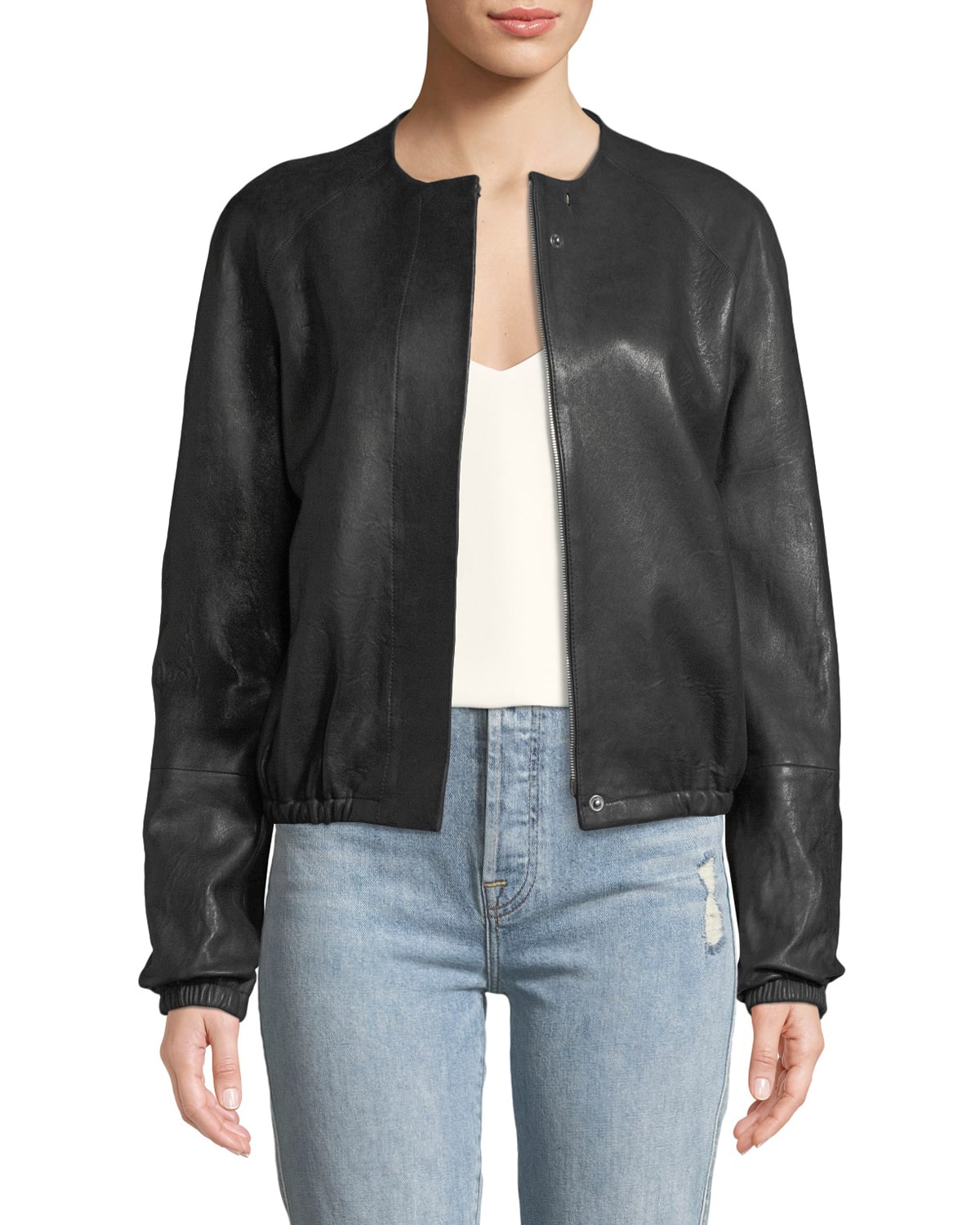 Tinley Collarless Leather Bomber Jacket