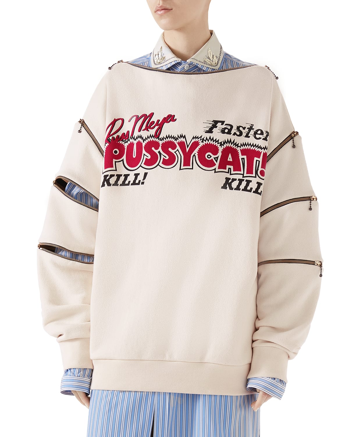 Faster Pussycat Kill Kill Print Cotton Sweatshirt w Zip Details