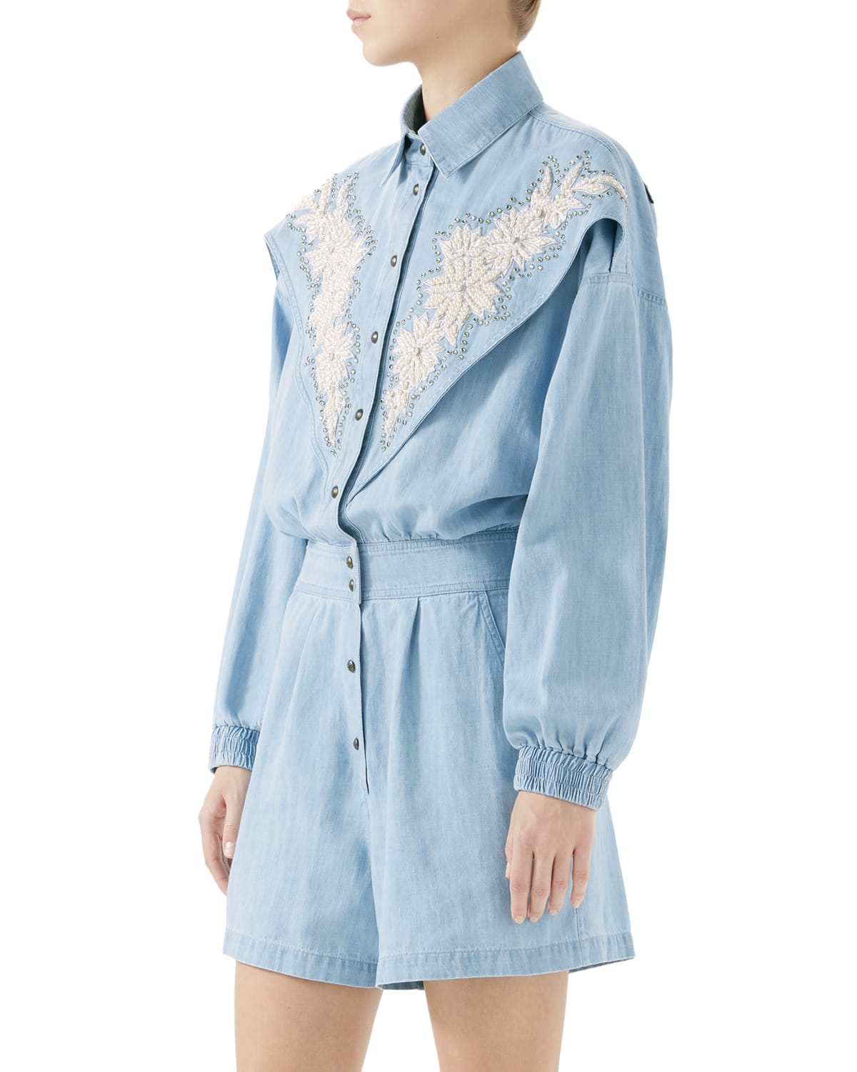 Gucci LongSleeve Bleached Denim Jumpsuit w/ FloralEmbroidery & NY