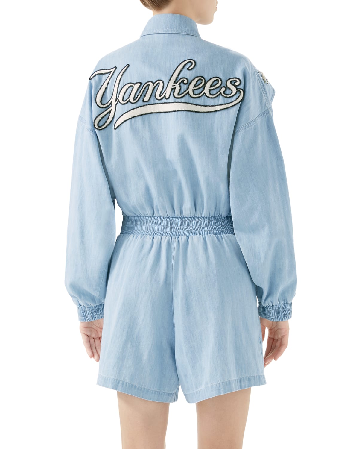 Gucci LongSleeve Bleached Denim Jumpsuit w/ FloralEmbroidery & NY