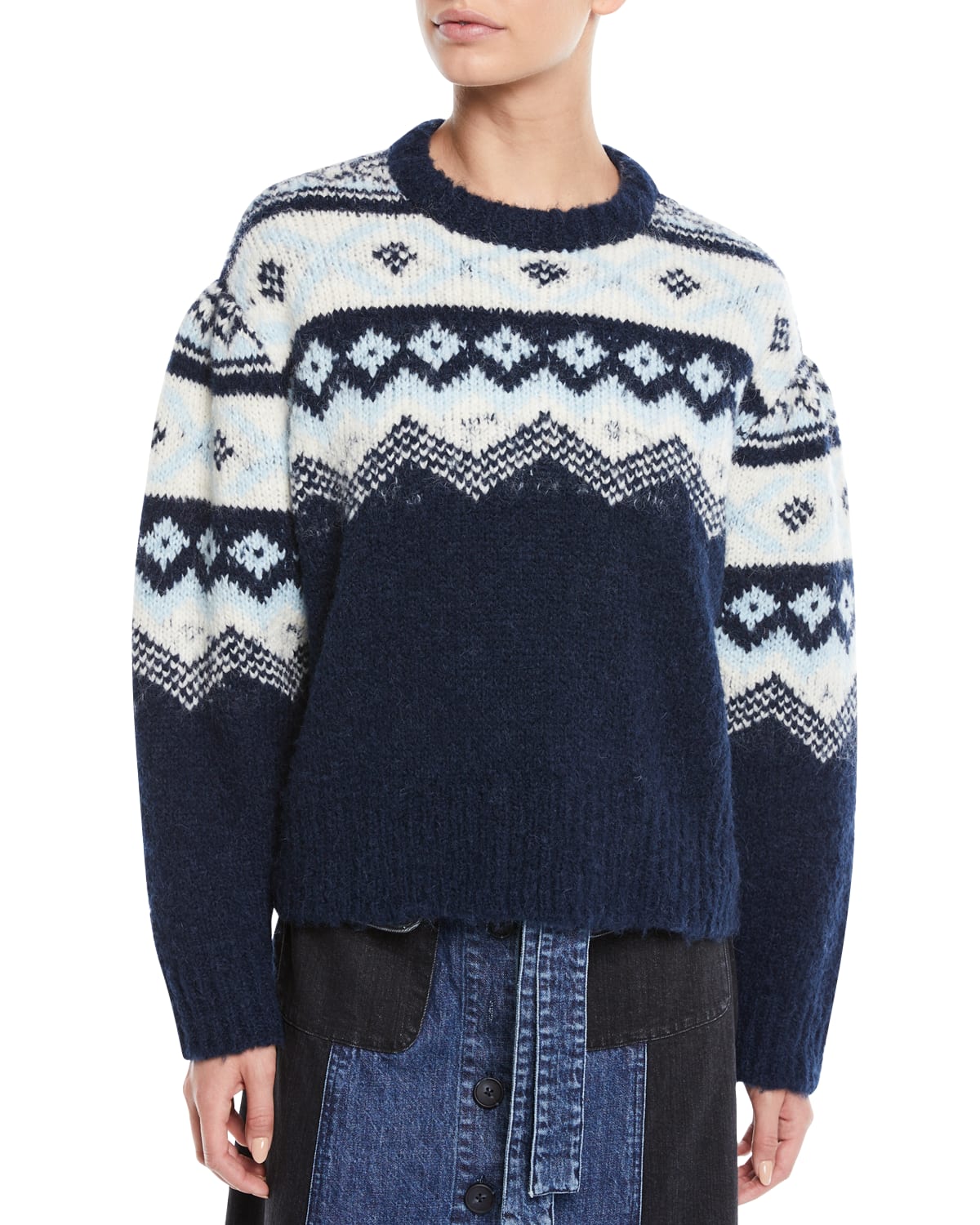 Sea Fair Isle Shirred Sleeves Intarsia Crewneck Sweater