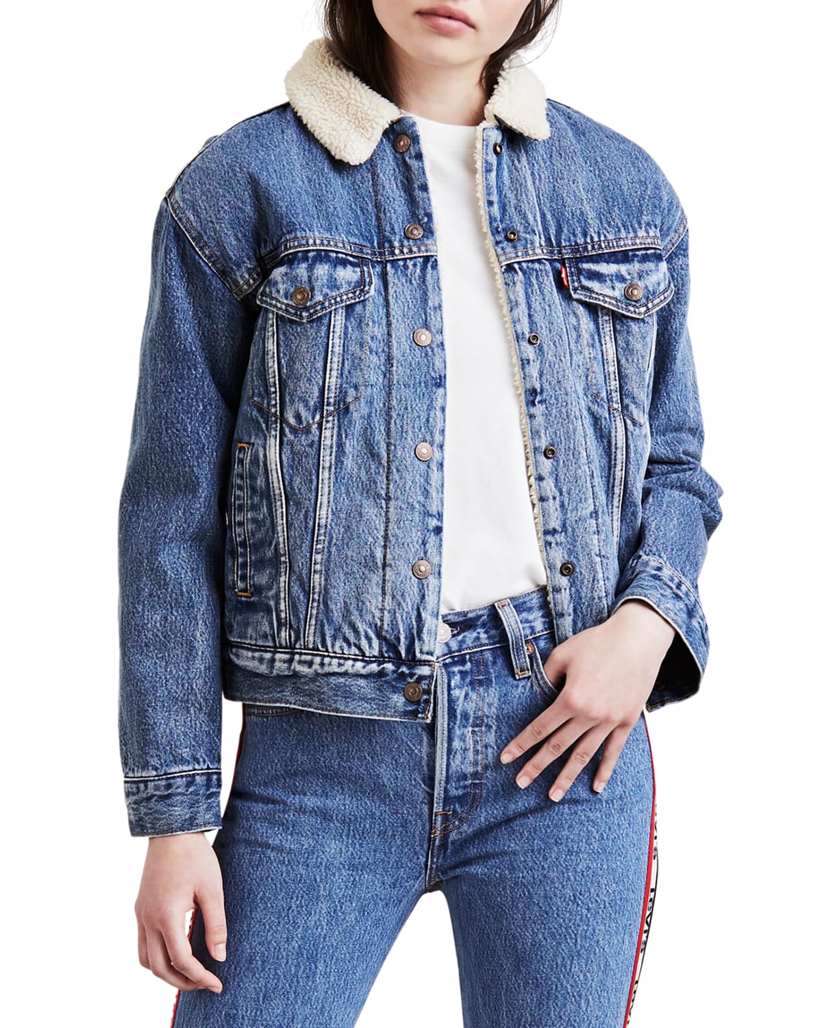 Ex Boyfriend Denim Trucker Jacket w Faux Fur Lining