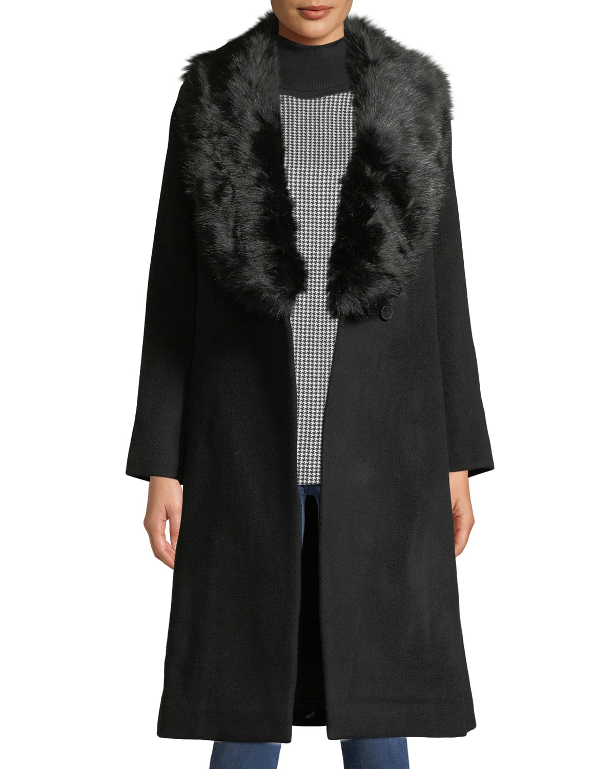 Lenoria Belted Wool Coat with Faux Fur Collar