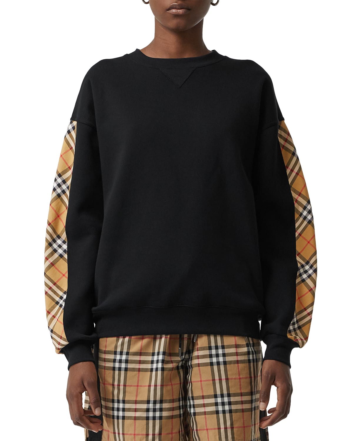 Burberry Bronx Crewneck Long Sleeve Jersey Sweatshirt with Vintage Check Detail
