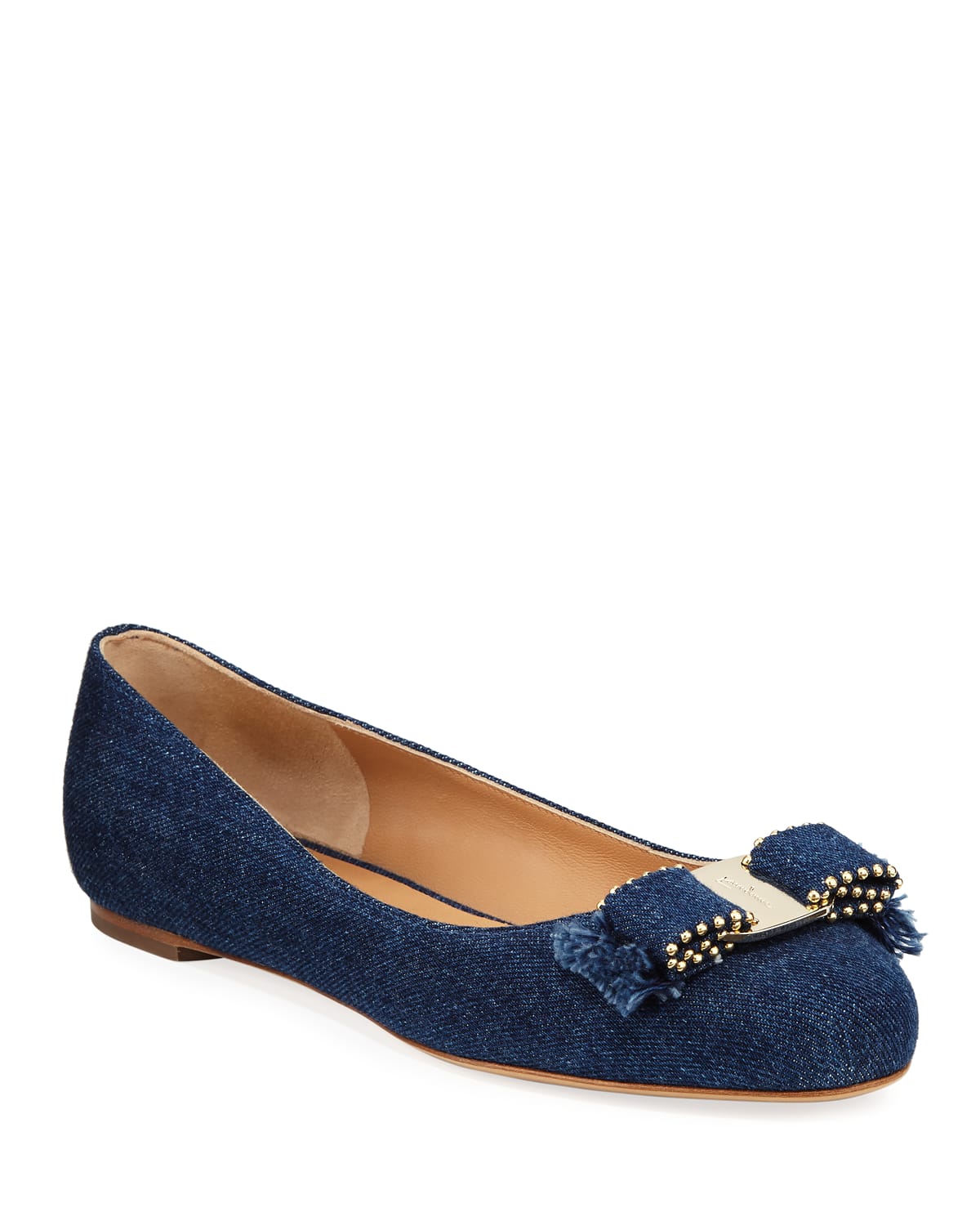 Salvatore Ferragamo Varina Denim Ballet Flats with Studded Bow