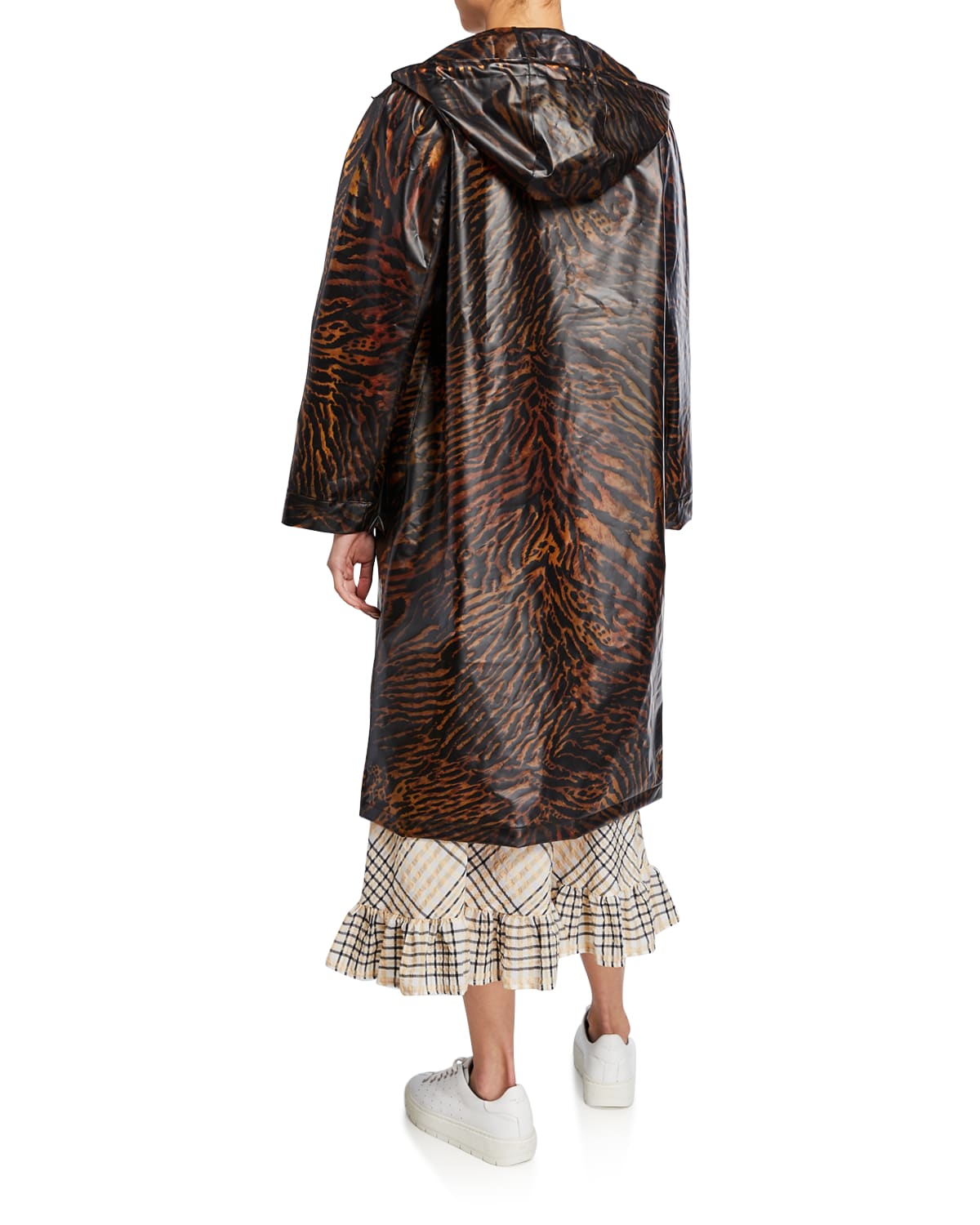 Tiger Print Hooded refix Long Raincoat