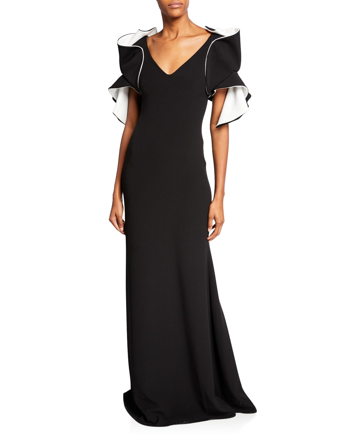 Badgley Mischka Collection V Neck Origami Sleeve Two Tone Gown