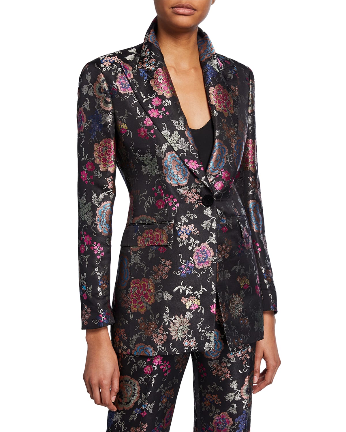 Aristocratic black velvet party blazer with red brocade trousers