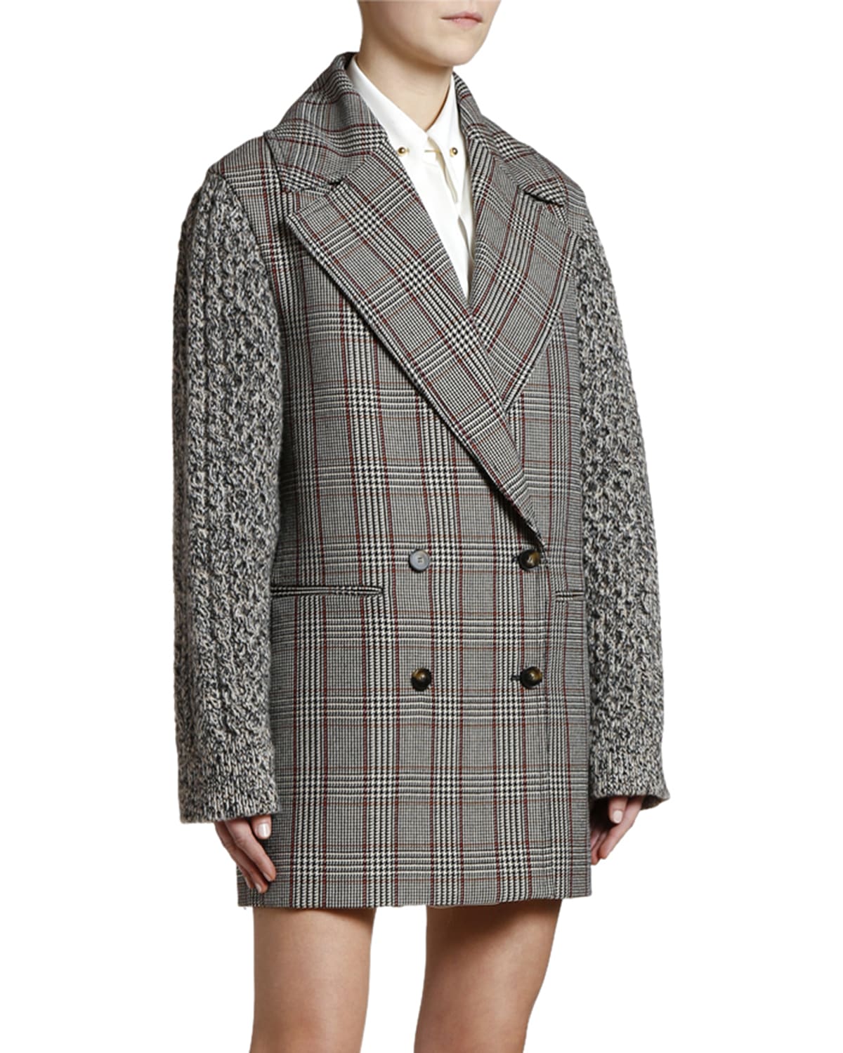 Stella McCartney Plaid Knit Sleeve Oversized Pea Coat