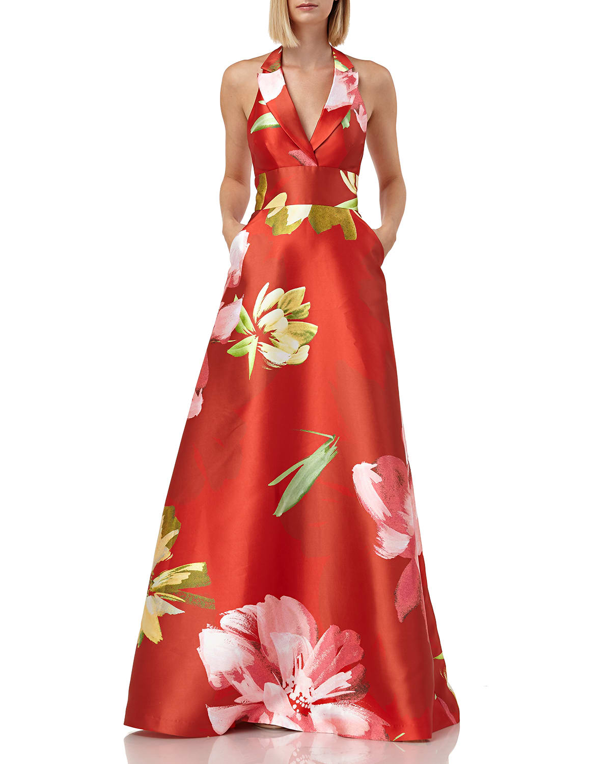 Kay Unger New York Floral Printed Mikado Halter Gown with Pockets