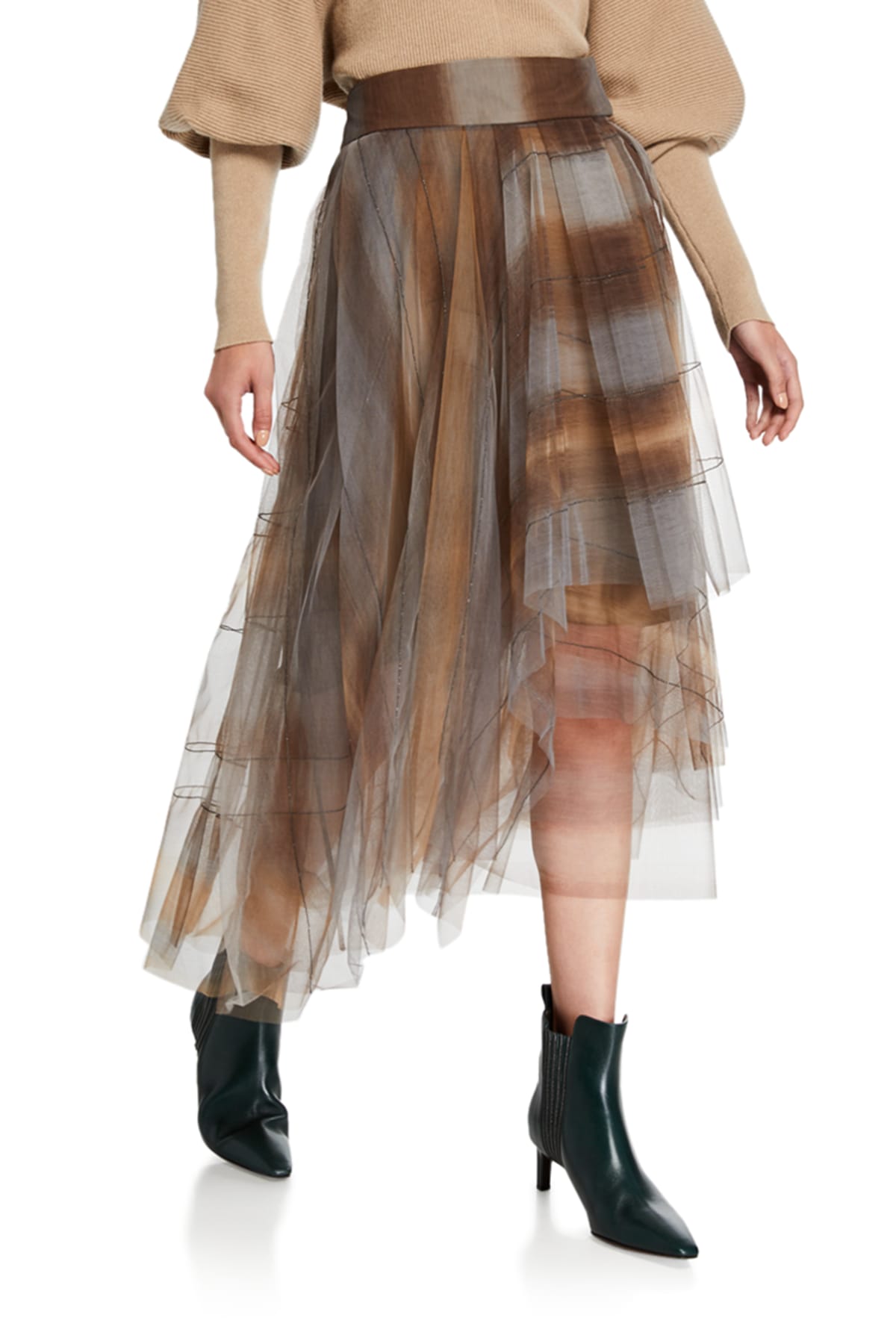 Monili Beaded Checked Asymmetric Tulle Skirt