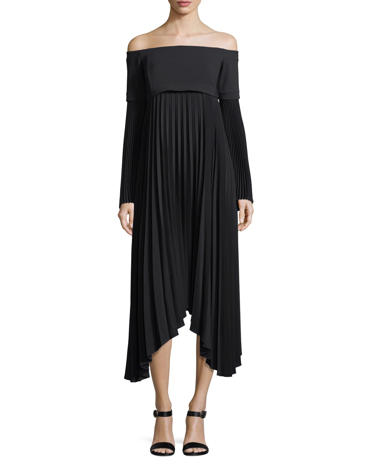 Serena Off-the-Shoulder Long-Sleeve Pleated Midi Dress