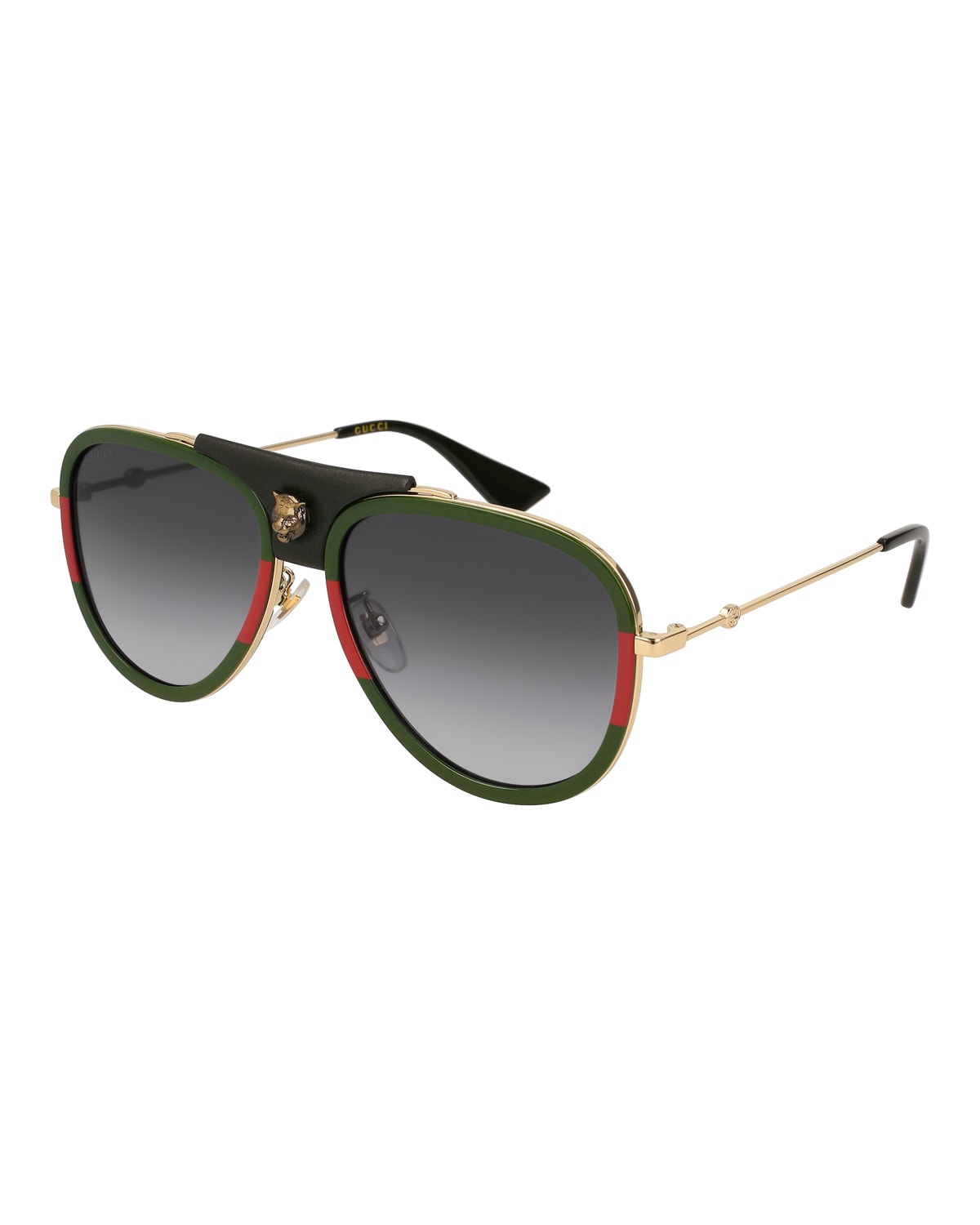 Gucci Gradient Web Aviator Sunglasses w Leather Trim Gold Green Red