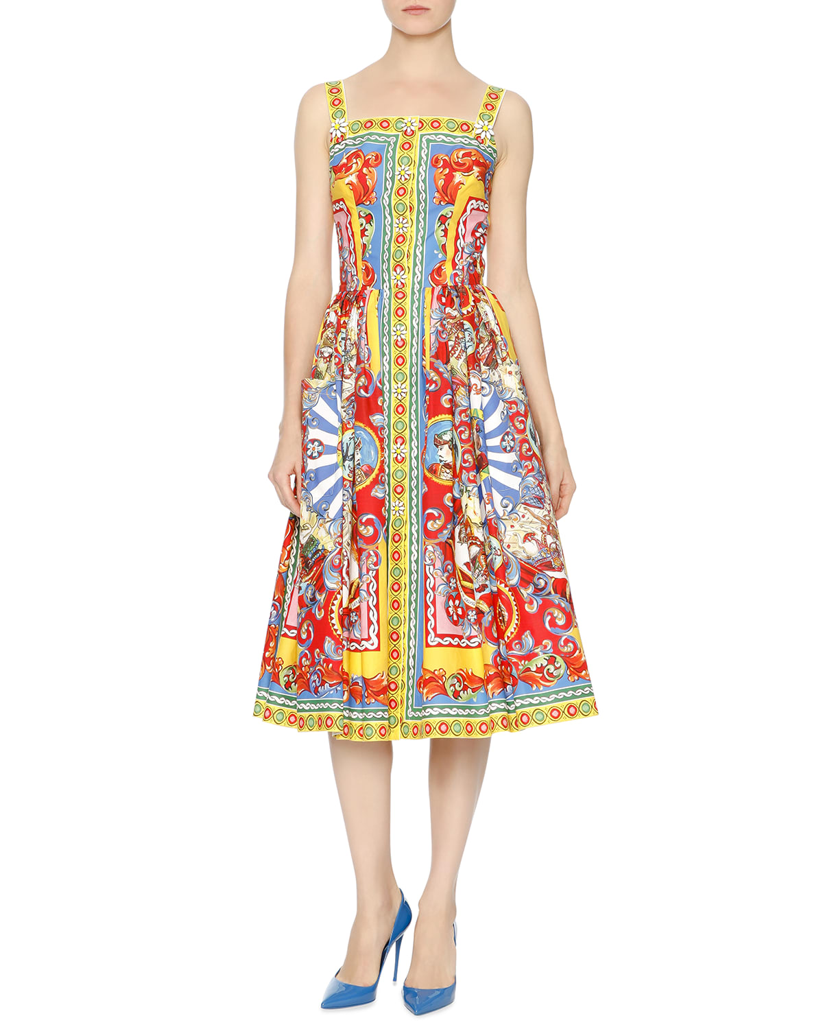 Dolce & Gabbana Sleeveless Carretto-Print Dress, Red/Yellow/Blue