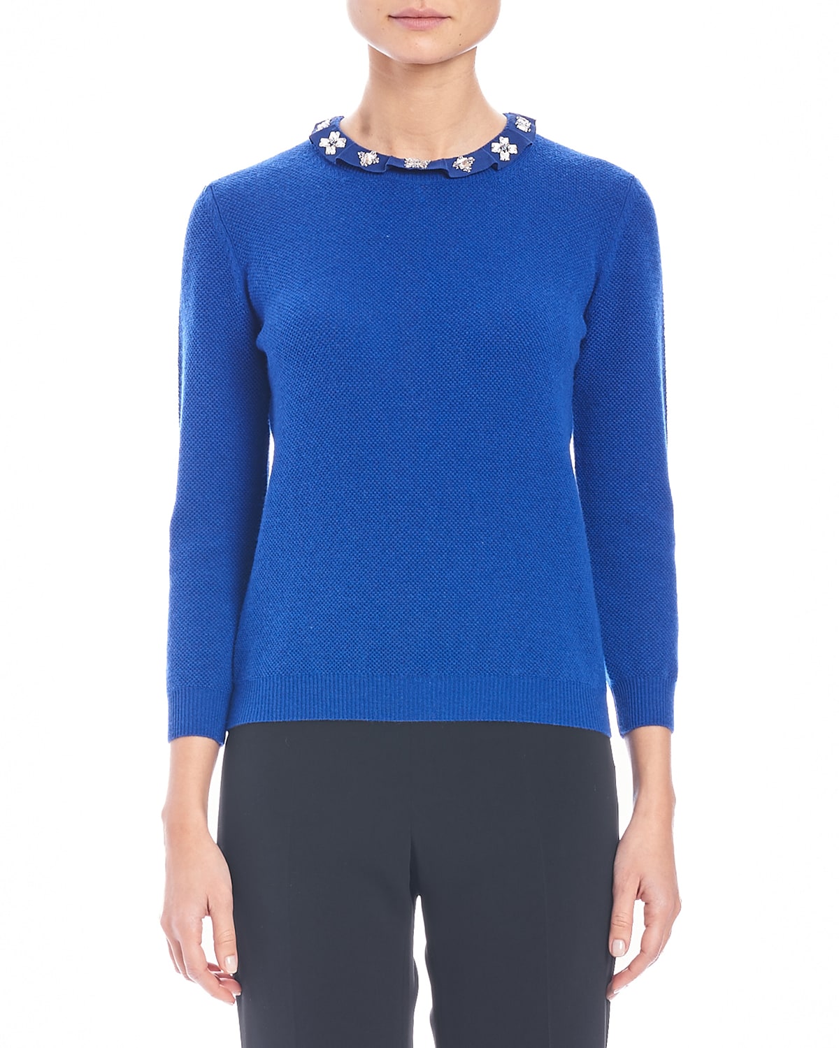 Knit Cashmere Sweater w Embellished Collar Cobalt