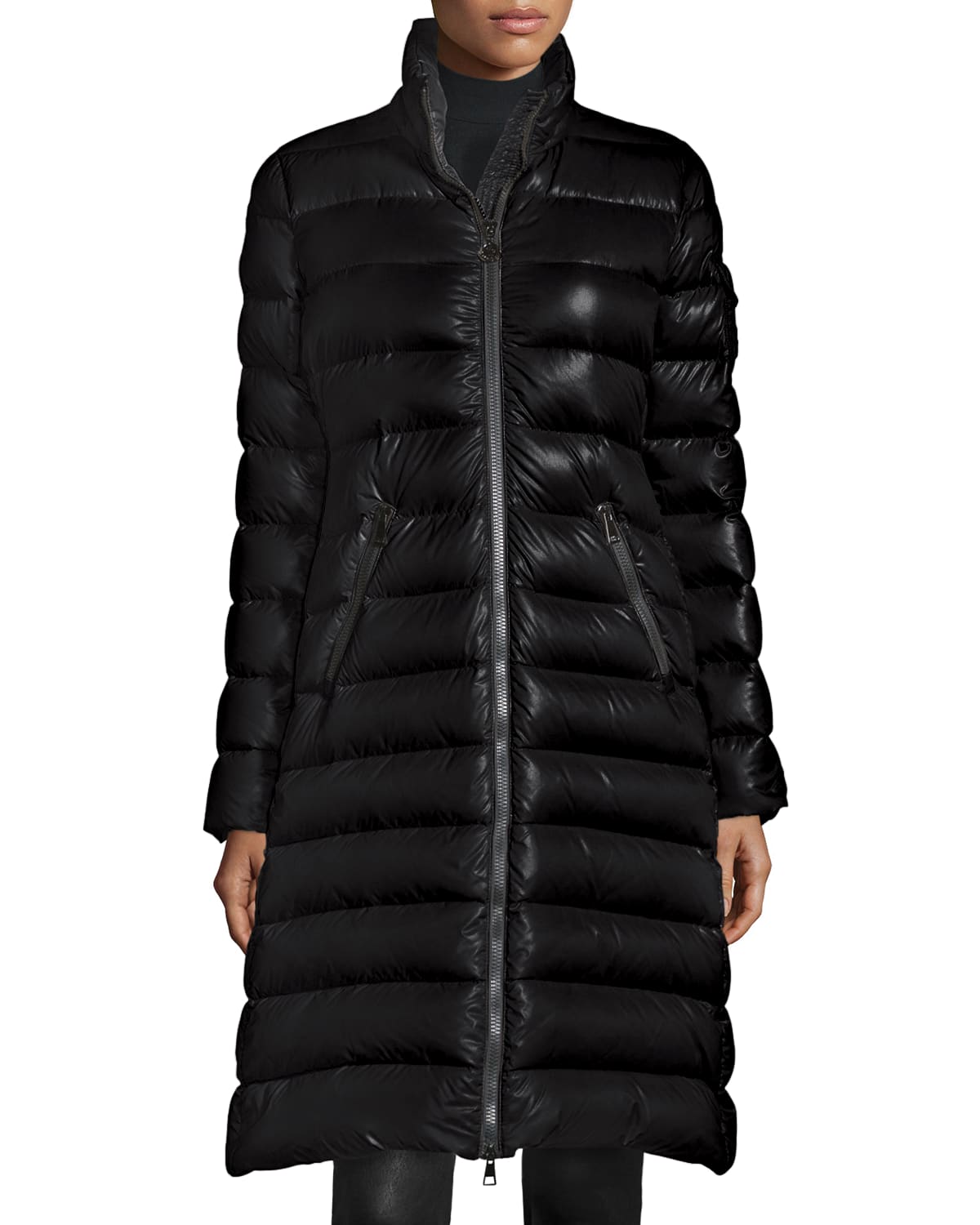 Moncler Long Shiny Quilted Down Coat, Black