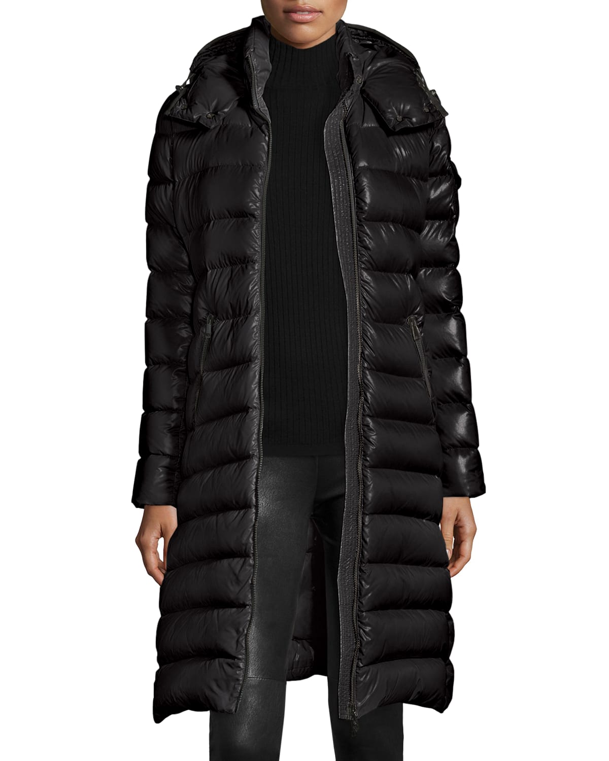 Moncler Long Shiny Quilted Down Coat, Black