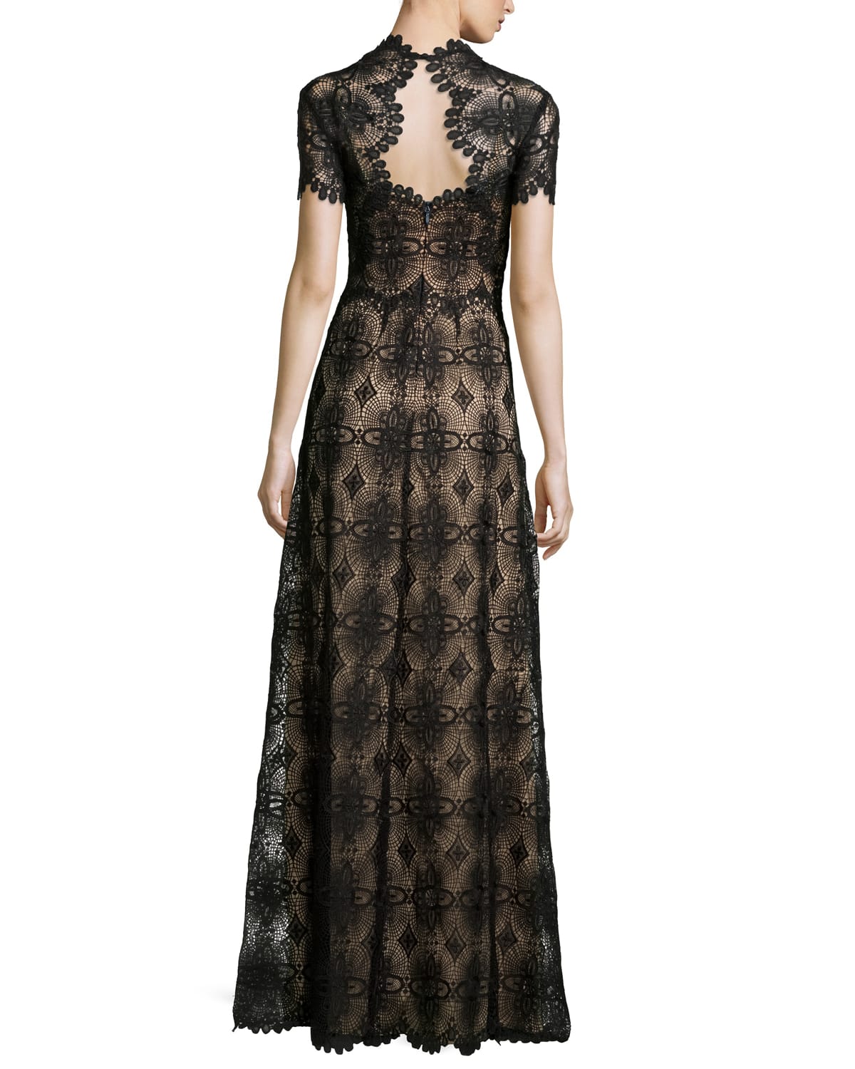 Catherine Deane Short-Sleeve Lace Gown, Port Red/Black