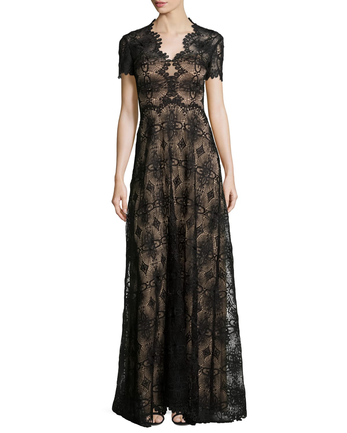 Catherine Deane Short-Sleeve Lace Gown, Port Red/Black