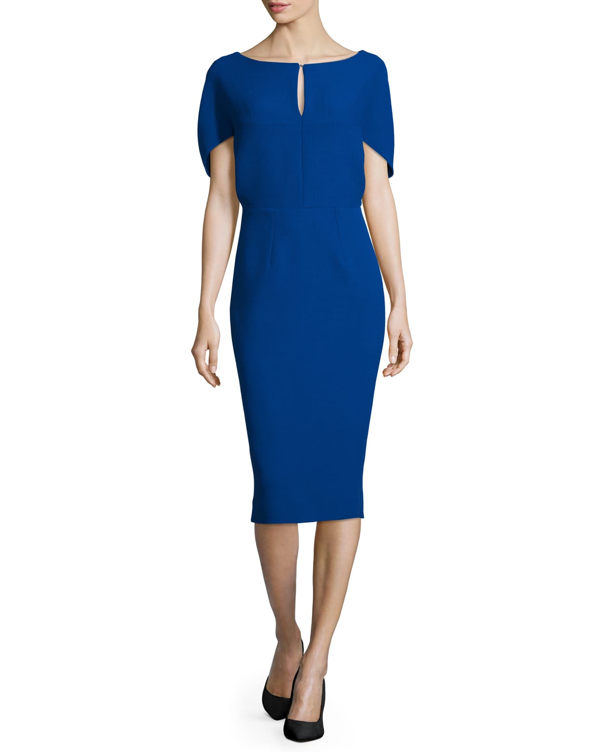 Lela Rose Fitted Cape-Sleeve Stretch-Wool Dress, Sapphire