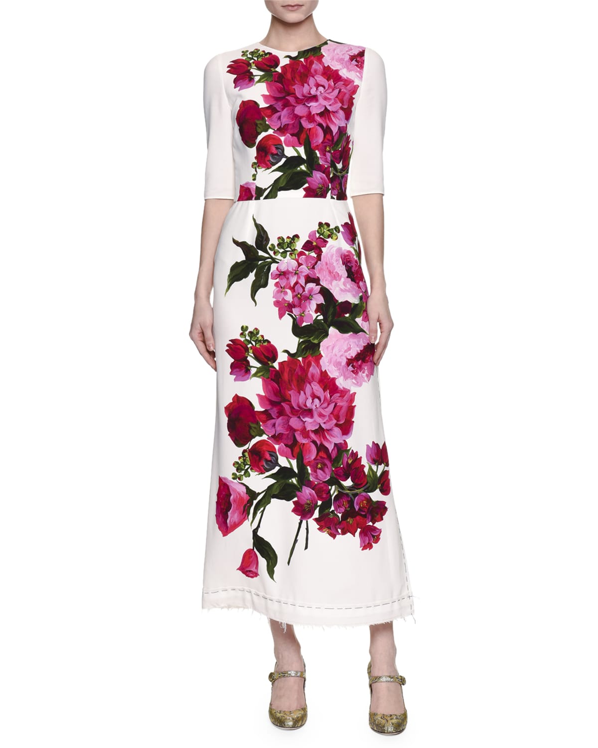 Dolce & Gabbana Half-Sleeve Floral-Print Midi Dress, White/Pink