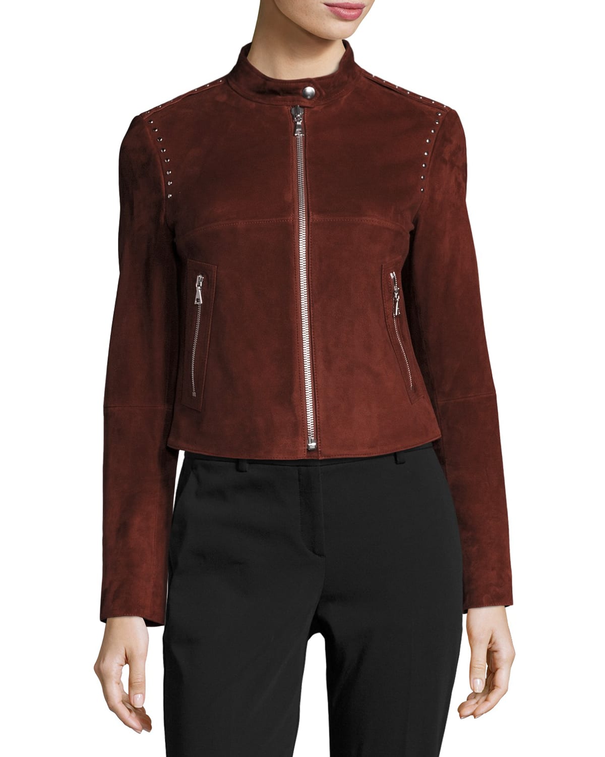 Theory Bavewick SM Wilmore Studded Suede Jacket, Chili