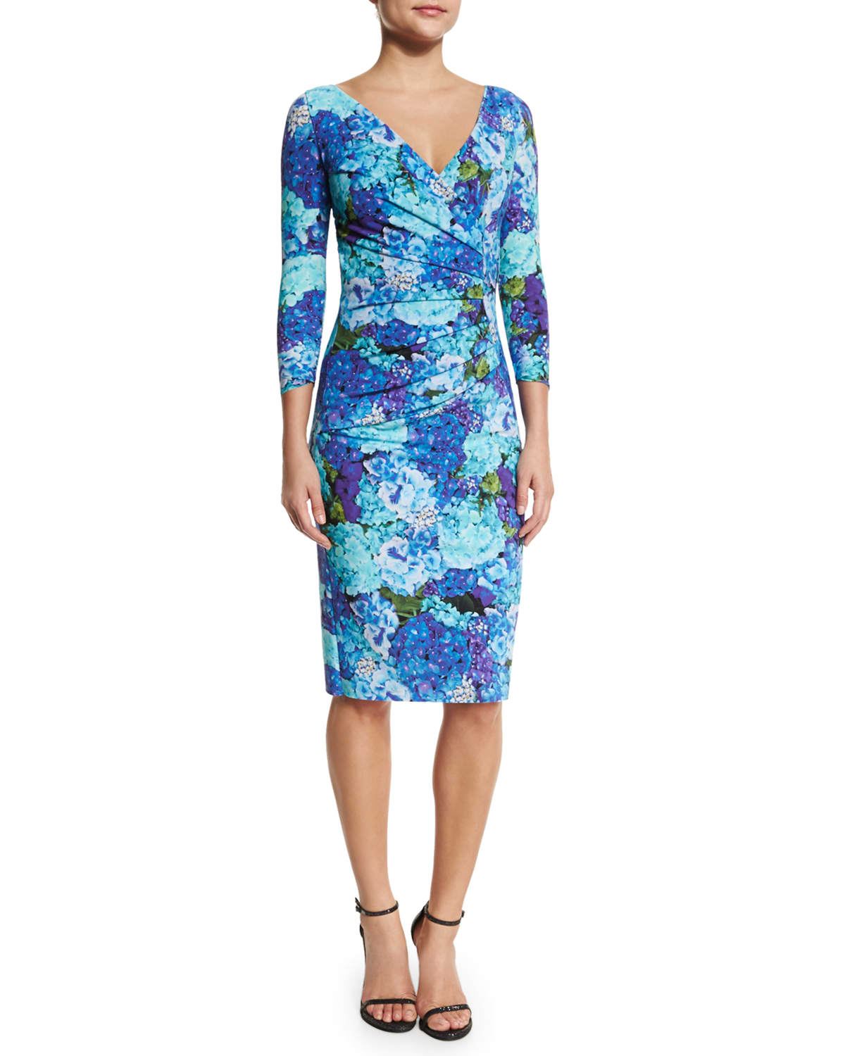 Sania 3/4-Sleeve Ruched Floral-Print Cocktail Dress