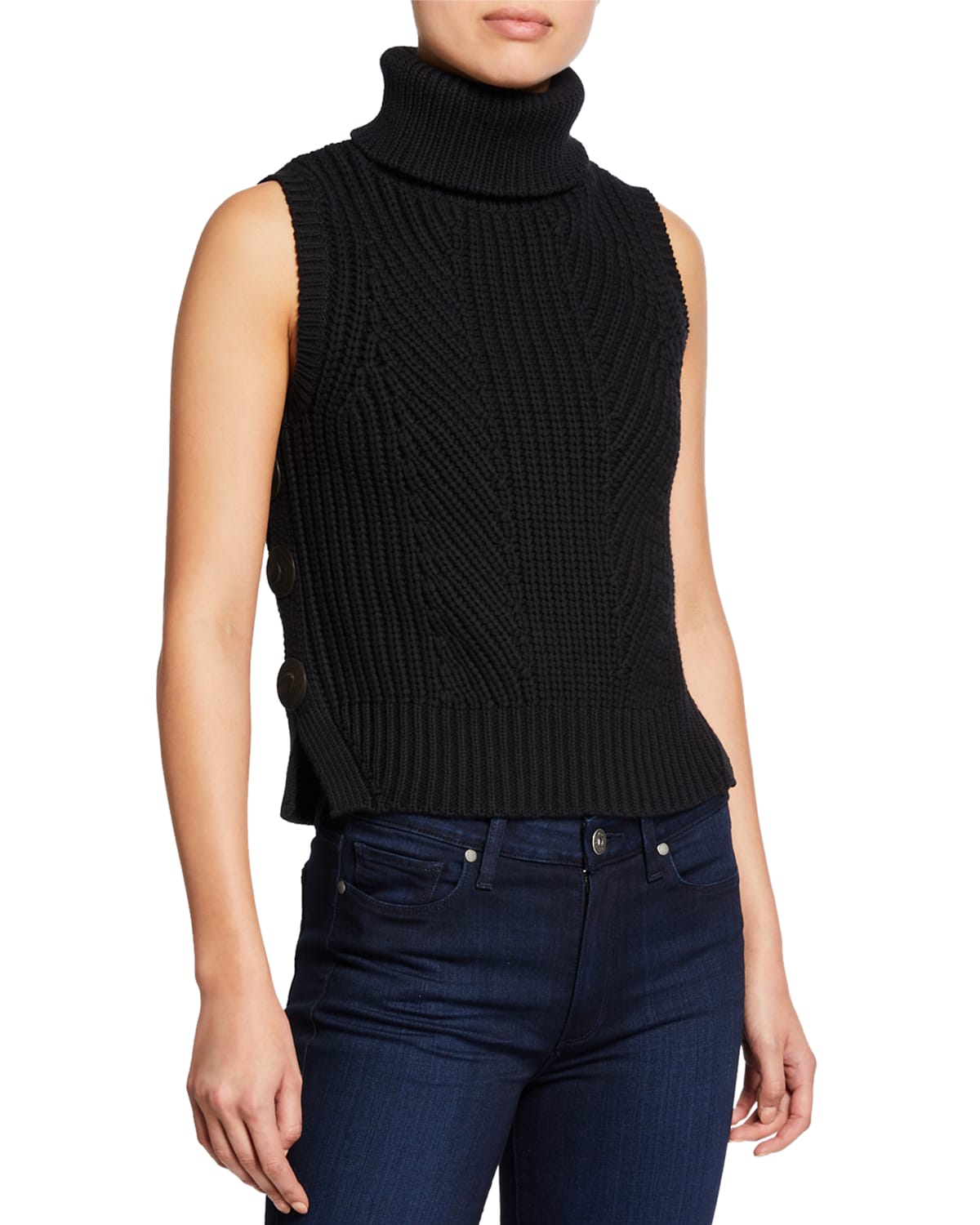 Sleeveless Chunky Turtleneck Sweater w Buttons