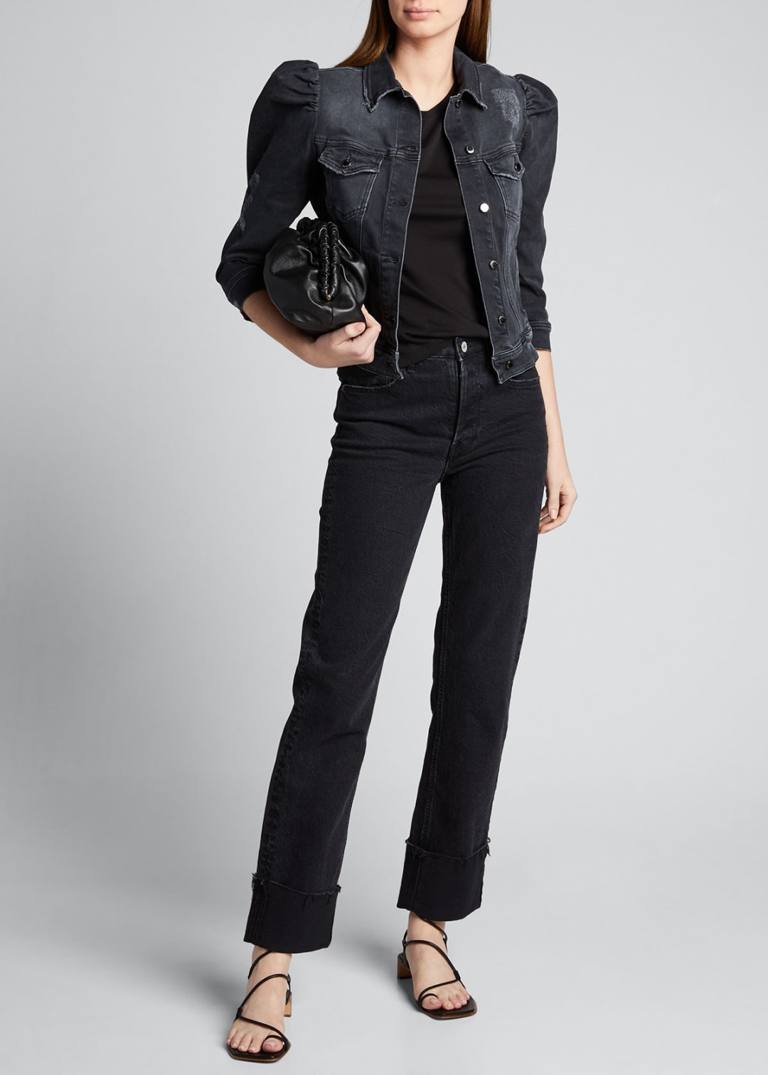 Retroféte Rissa Destroyed Denim Puff-sleeve Jacket In Faded Black