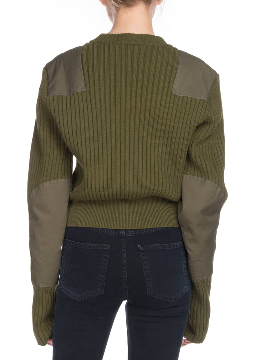 Proenza Schouler Crewneck Long-Sleeve Cropped Ribbed Wool-Blend Sweater w/ Patches Image 2 of 2