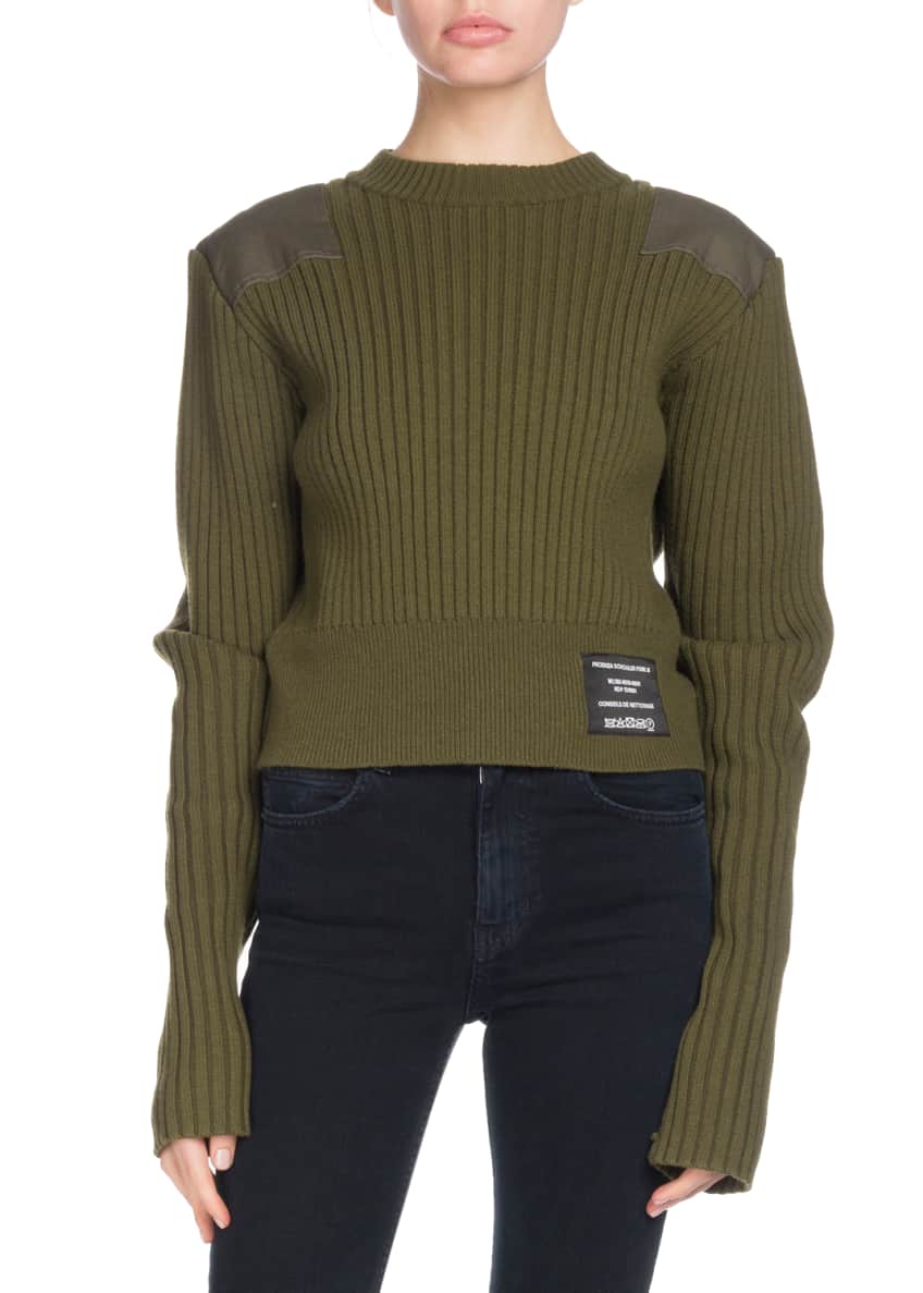 Proenza Schouler Crewneck Long-Sleeve Cropped Ribbed Wool-Blend Sweater w/ Patches Image 1 of 2