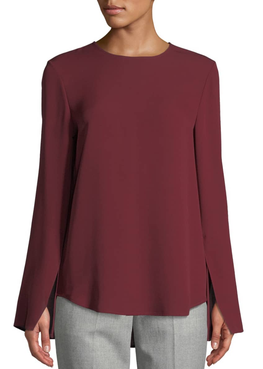 Theory Bringham Crewneck Long-Sleeve Classic Silk Georgette Blouse Image 1 of 5