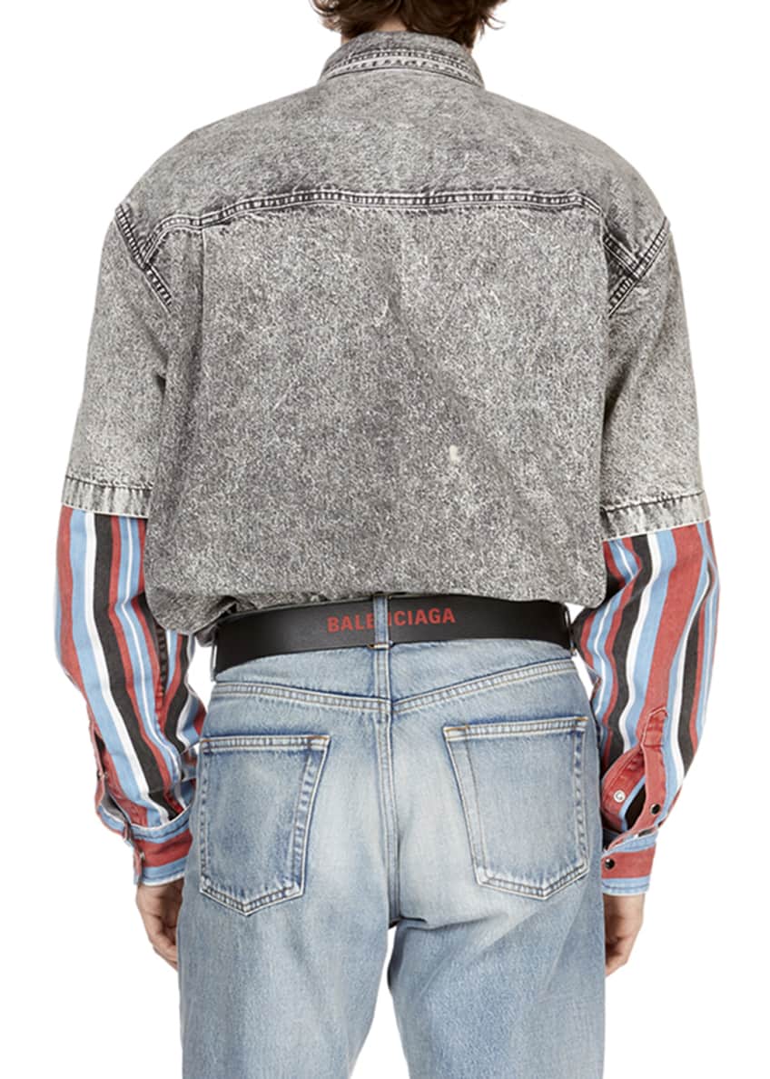 Balenciaga Men's Gray-Washed Denim Shirt with Striped Trim and