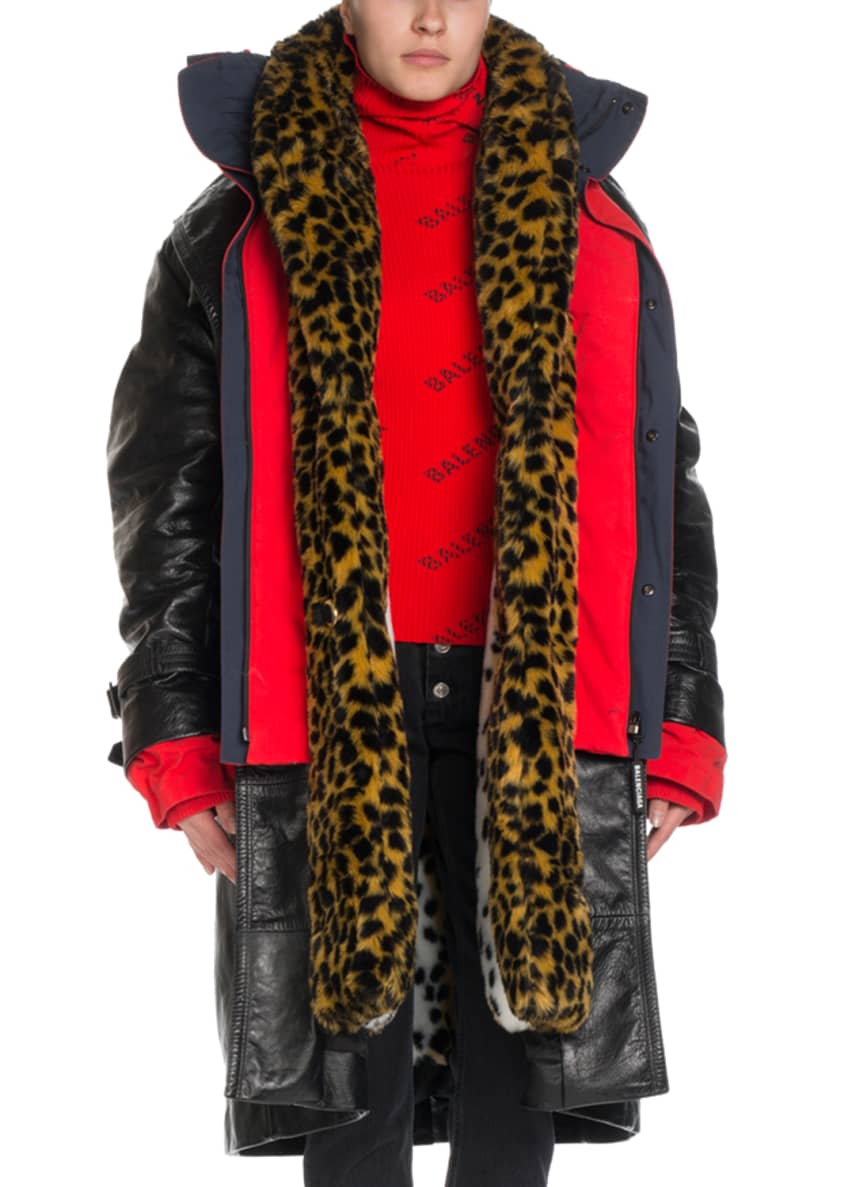 Balenciaga Layered Leopard-Print & Leather Hooded Trench