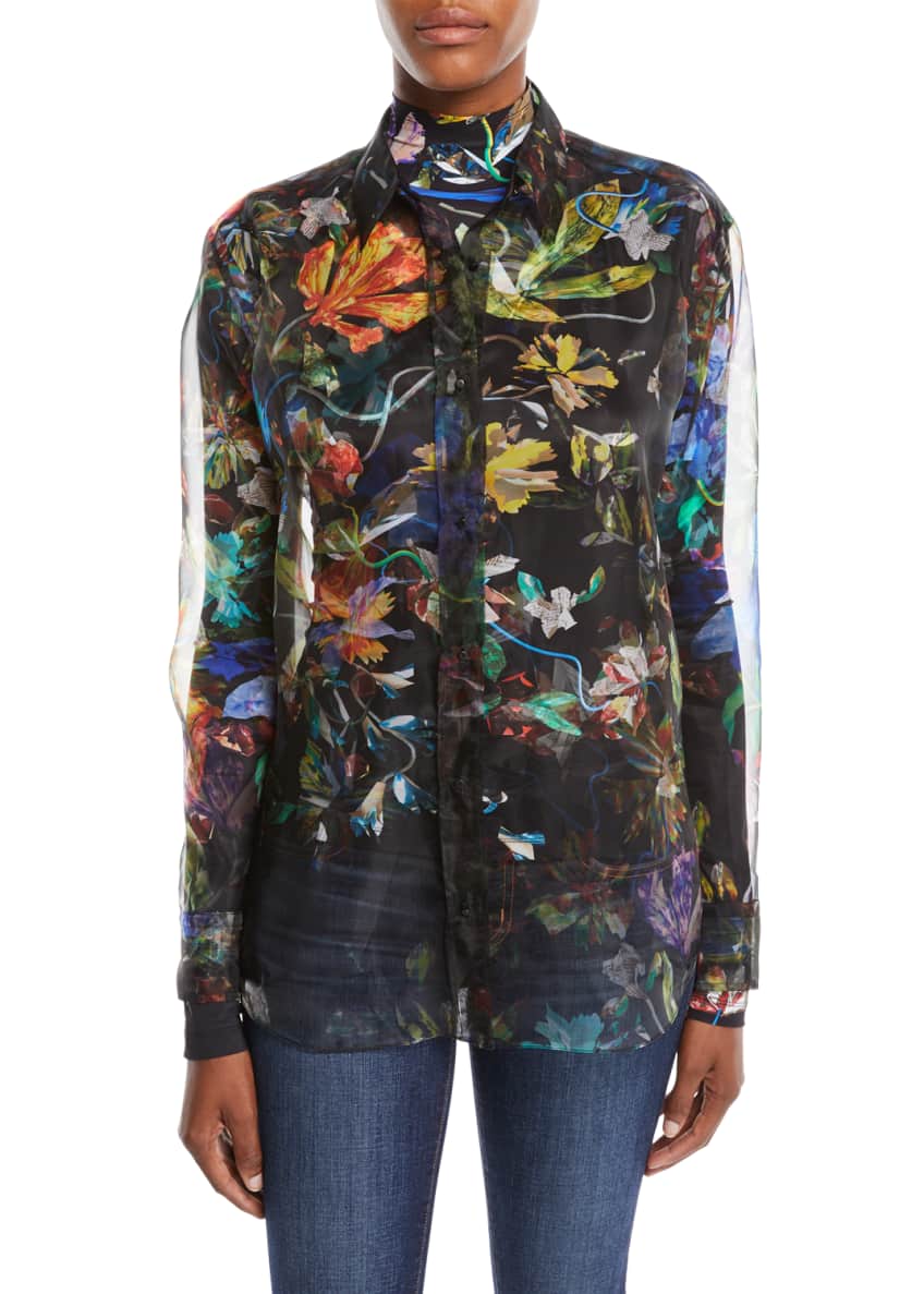Thierry Mugler Long-Sleeve Button-Down 3-D Floral-Print Organza Top and ...