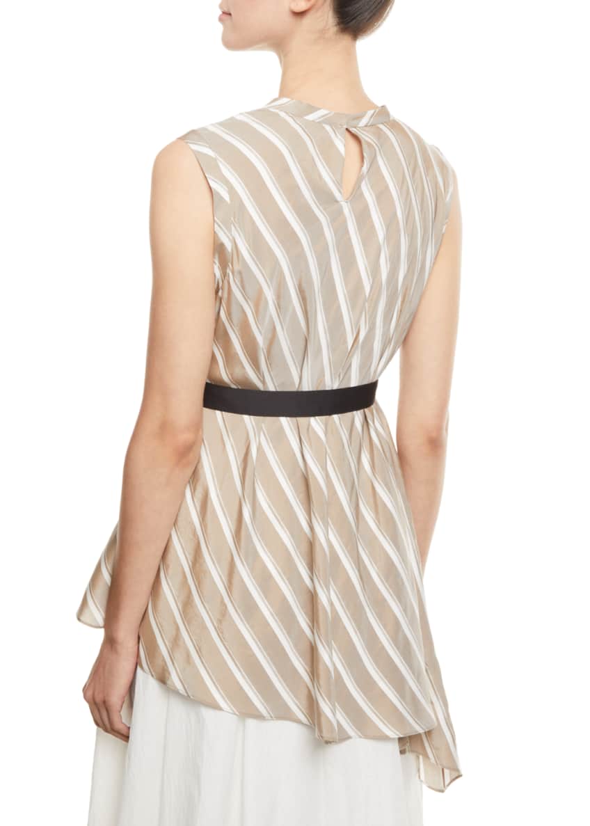 Brunello Cucinelli Striped-Silk Tie-Waist Asymmetric Blouse Image 2 of 2