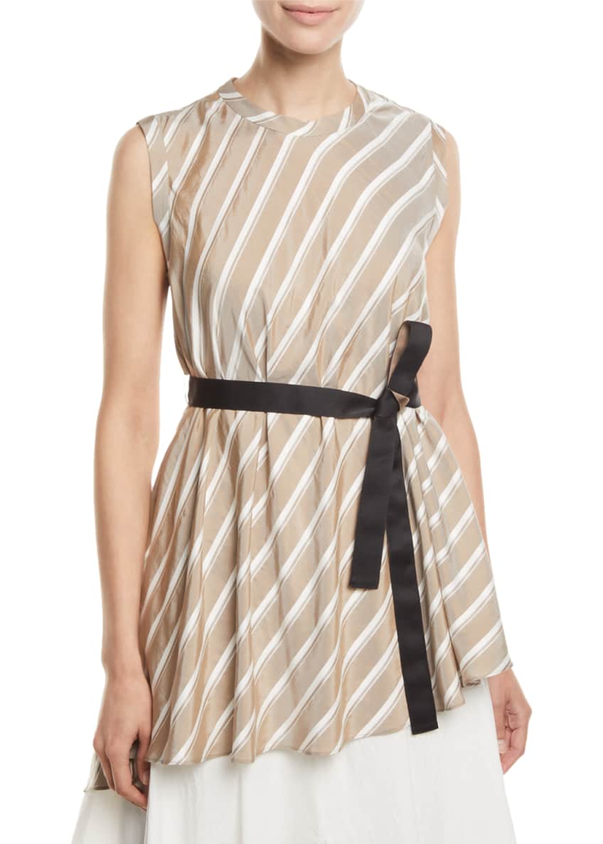 Brunello Cucinelli Striped-Silk Tie-Waist Asymmetric Blouse Image 1 of 2