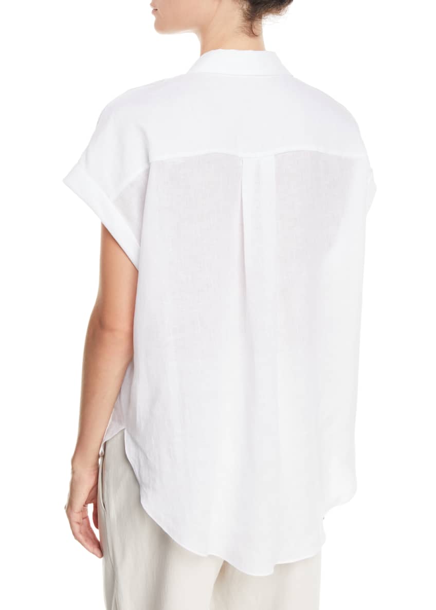 Brunello Cucinelli Short-Sleeve Linen Blouse with Satin Placket Image 2 of 4