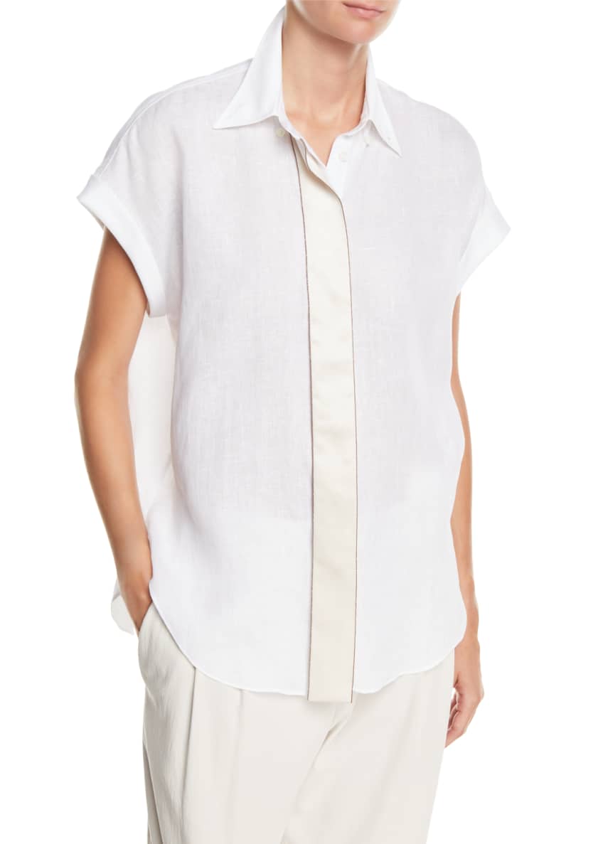 Brunello Cucinelli Short-Sleeve Linen Blouse with Satin Placket Image 1 of 4