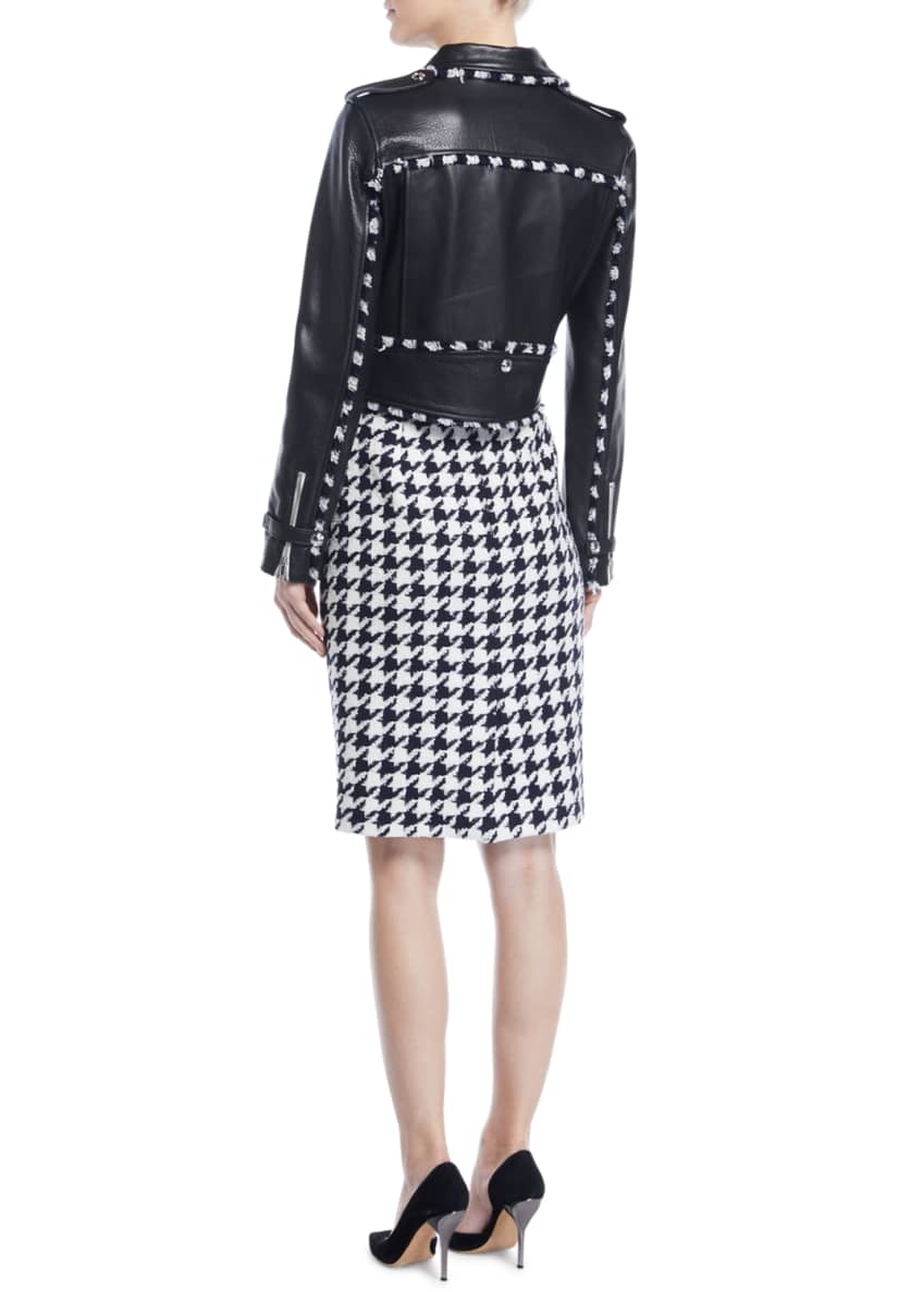 Zip-Front Cropped Leather Moto Jacket w/ Houndstooth Trim and Matching Items Image 2 of 2
