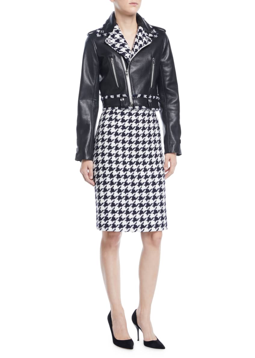 Zip-Front Cropped Leather Moto Jacket w/ Houndstooth Trim and Matching Items Image 1 of 2