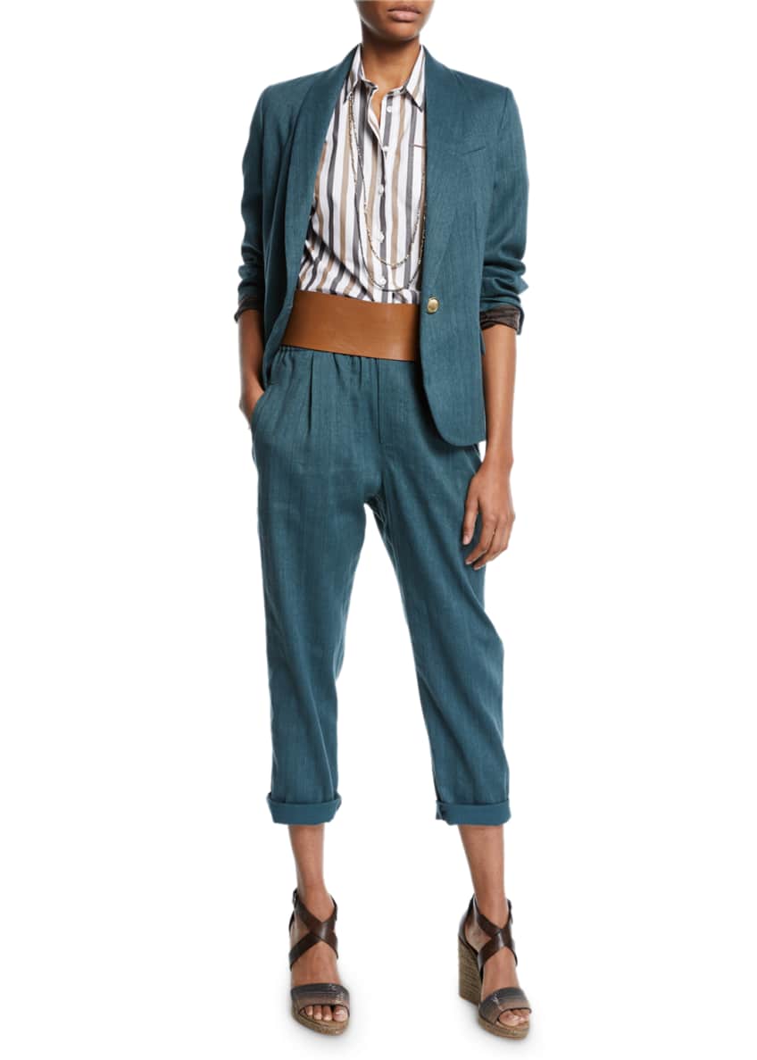 Monili-Collared Chevron Cotton-Linen Button-Front Blazer and Matching Items Image 1 of 3
