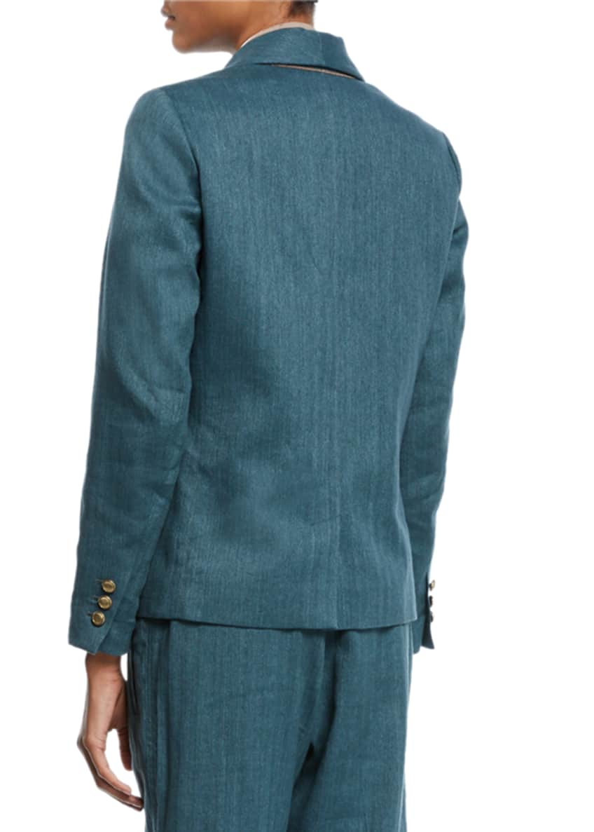 Brunello Cucinelli Monili-Collared Chevron Cotton-Linen Button-Front Blazer Image 2 of 2