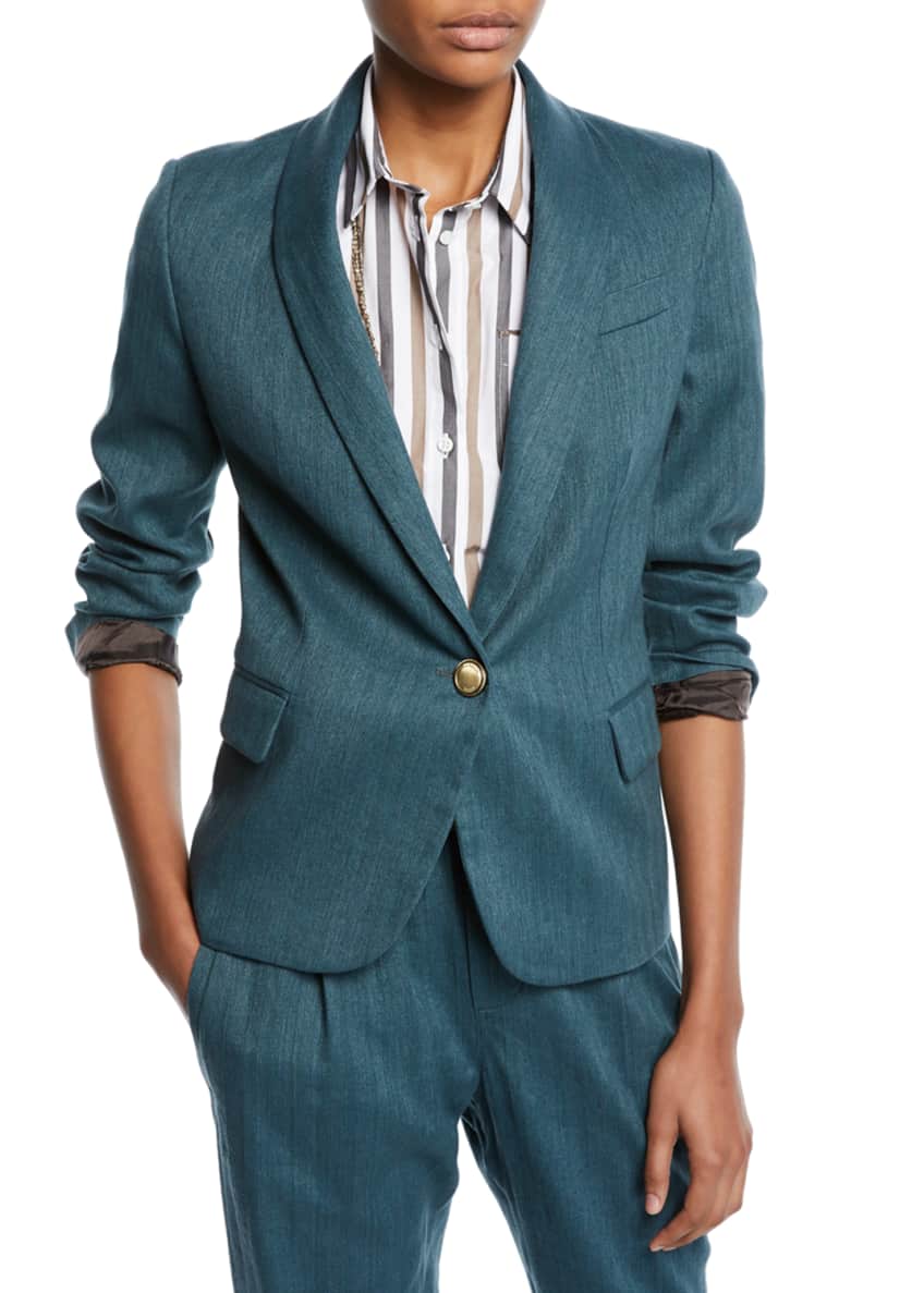 Brunello Cucinelli Monili-Collared Chevron Cotton-Linen Button-Front Blazer Image 1 of 2