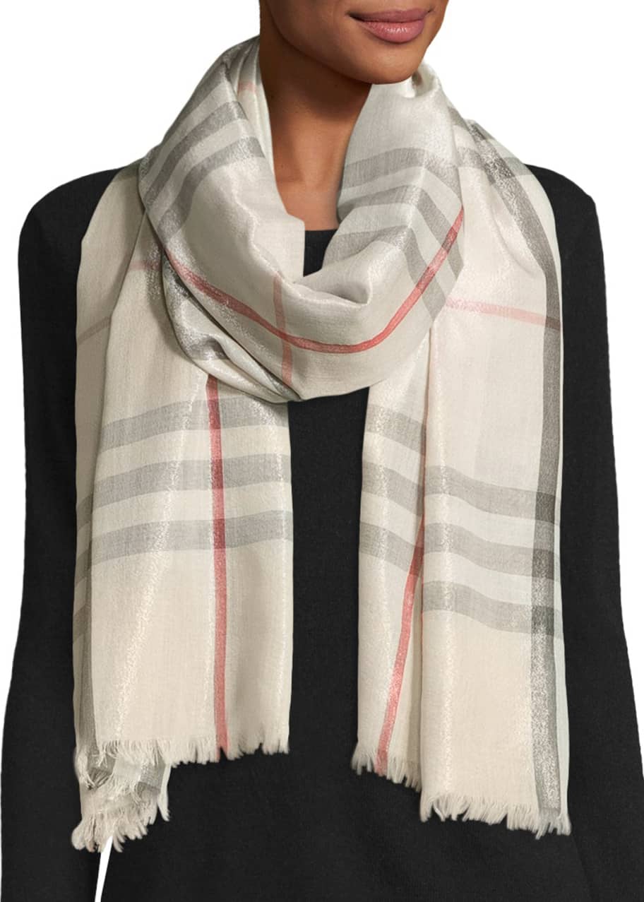 Burberry Metallic Gauze Giant Check Scarf, Stone/Silver - Bergdorf Goodman