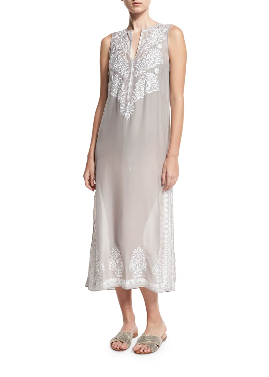 Image 1 of 1: Floral Sleeveless Embroidered Silk Chiffon Long Caftan Coverup, Silver