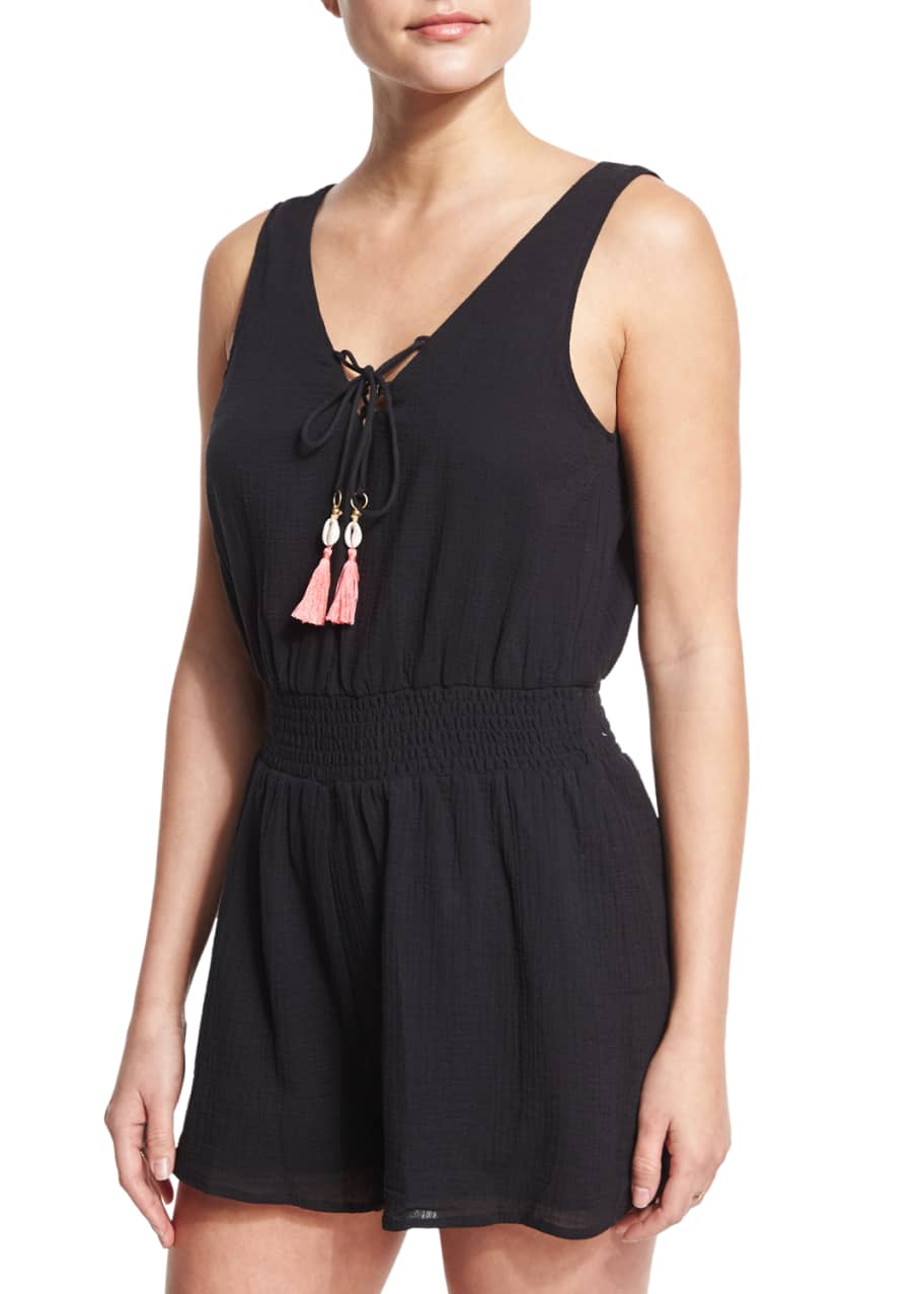 Seafolly LaceUp Cotton Gauze Romper with Tassel Ties, Black Bergdorf