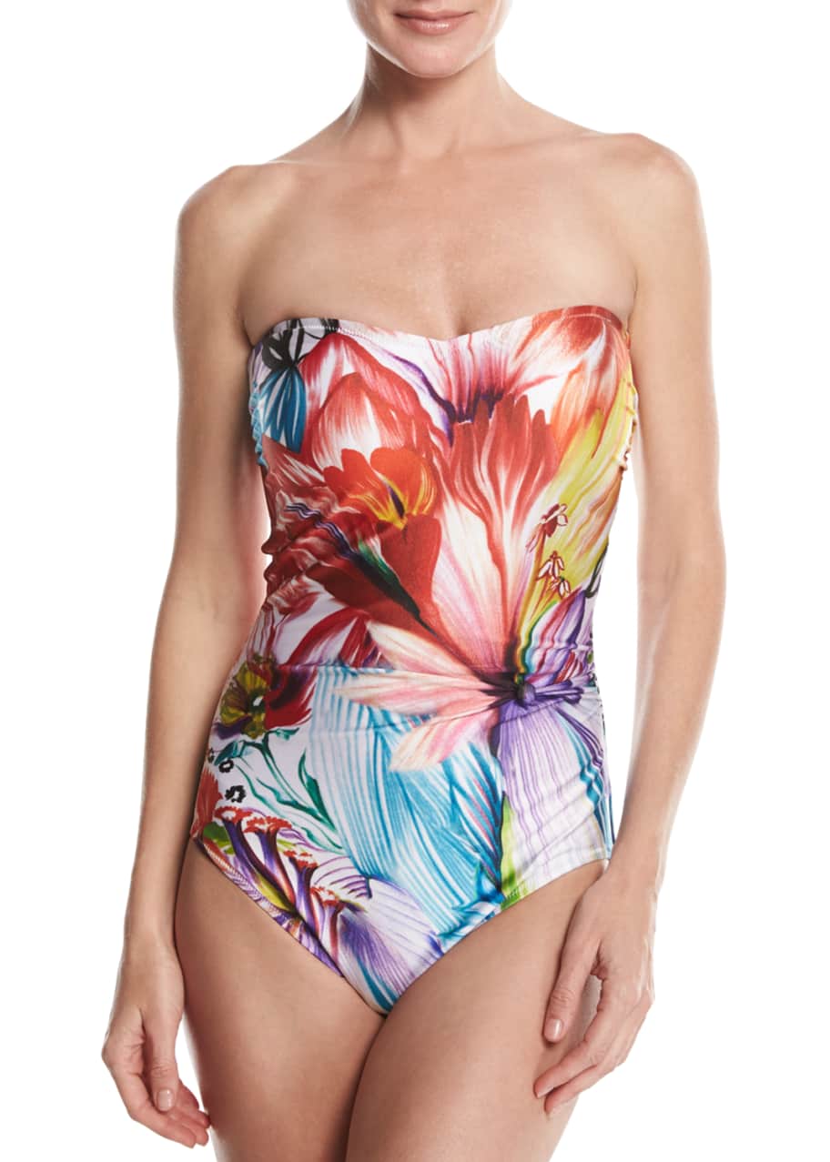 Image 1 of 1: Spring Embrace Floral-Print One-Piece Bandeau Swimsuit